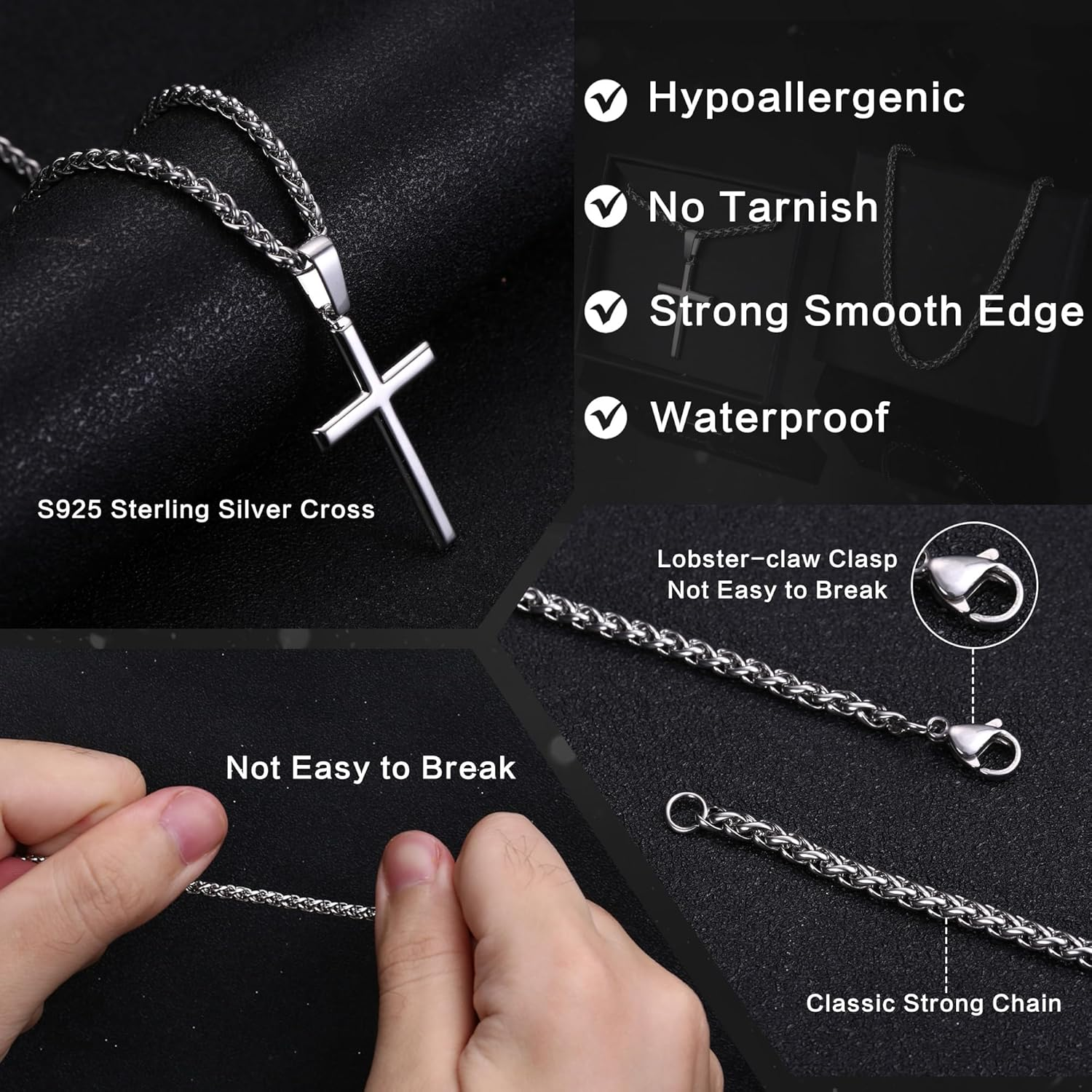 Kakonia 925 Sterling Silver Cross Necklace for Men Women 3Mm Stainless Steel Wheat Cross Chain Crucifix Pendant Silver Cross Chain Necklace Jewelry 16-30 Inches image number 3