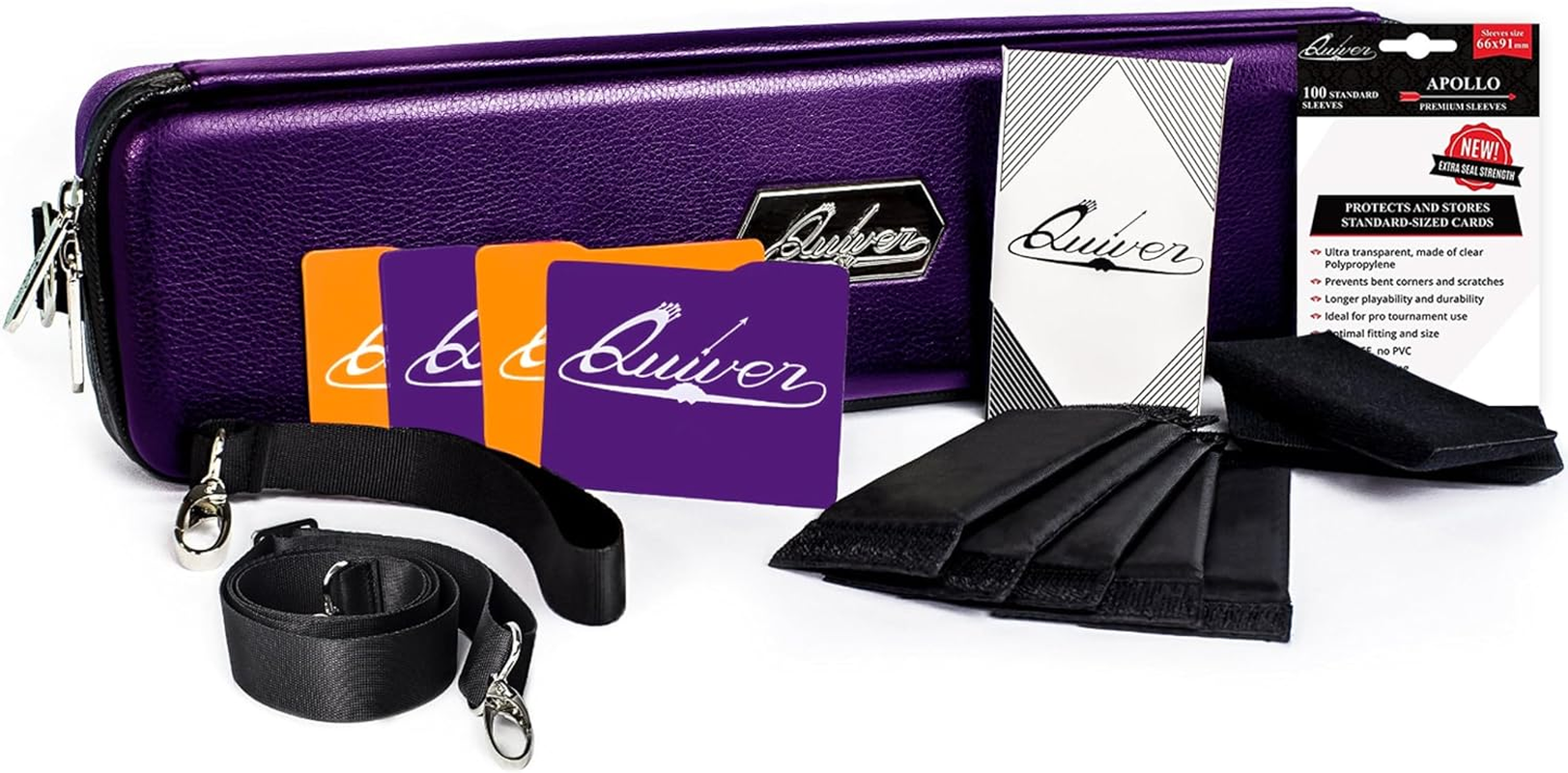 Quiver Time Purple Quiver Card Carrying Case - TCG Cards Deck Box Holder for Trading Cards, MTG Bag Playing Card Case (+Wrist & Shoulder Strap, Dividers, Separators, Corner Pads + 100 Apollo Sleeves) image number 6