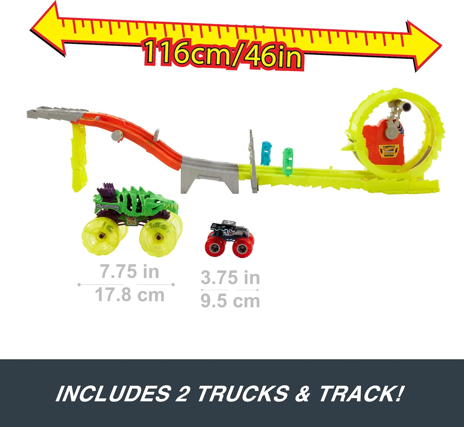 Hot Wheels Monster Trucks Track Set with 2 Toy Trucks: Oversized Skelesaurus & 1:64 Scale Bone Shaker, Charge & Chase Challenge with 2 Crushed Cars image number 5