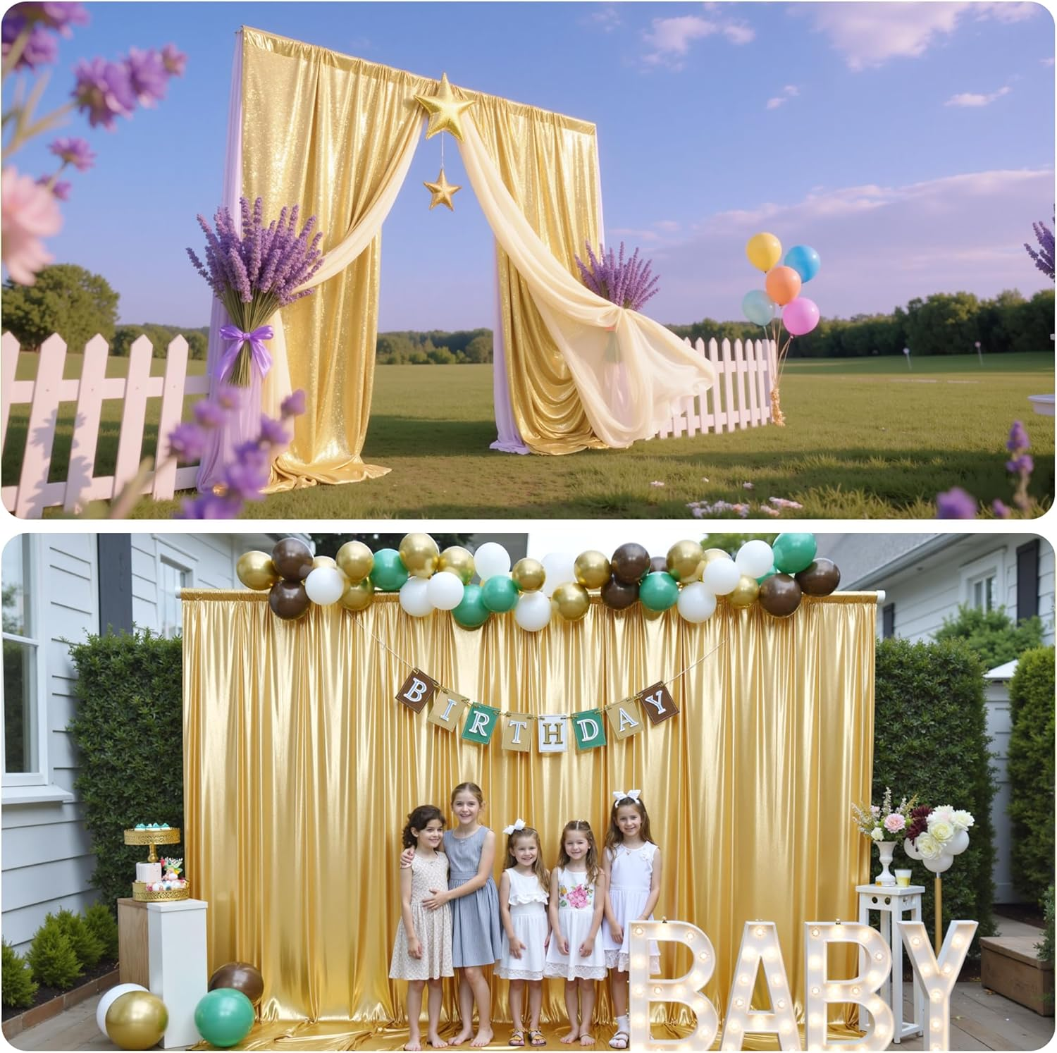 Partyvillage 10X10Ft Gold Sequin Backdrop Curtain -2 Panels 5X10Ft Wrinkle Free Shimmer Back Drop Cloth, Glitter Backdrop Drapes for Photography, Birthday, Wedding, Graduation Background image number 5
