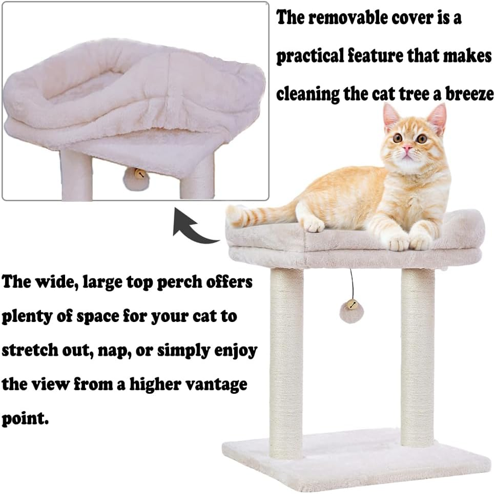 Cat Tree with Top Perch, Removable Cover, Natural Sisal Scratching Post, and Dangling Ball for Indoor Cats, Beige
