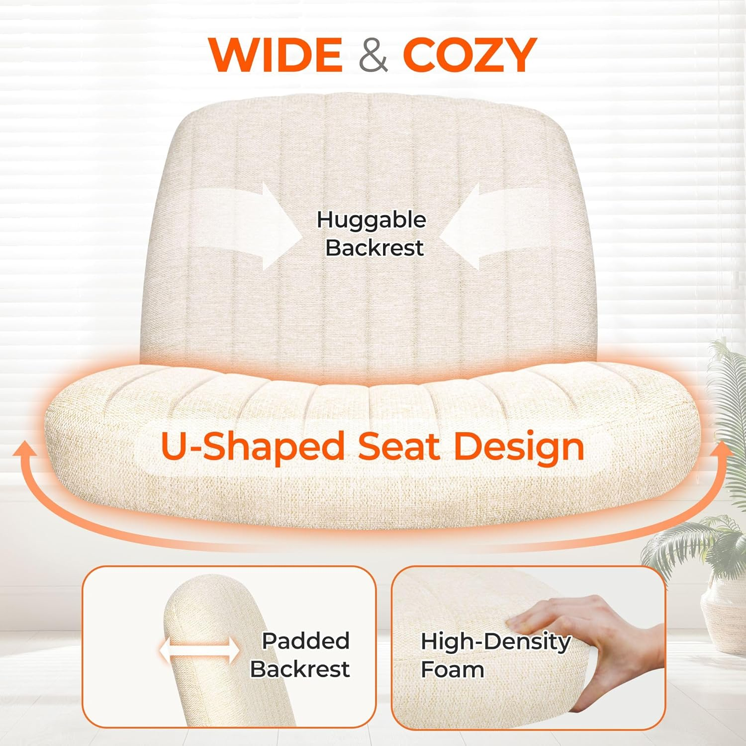 Orange Factory Criss Cross Legged Armless Desk Reading Chair with Wheels Swivel Modern Ergonomic Vanity Bedroom Adjustable Wide Comfy Computer Gaming Chairs for Home Office (Beige) image number 2