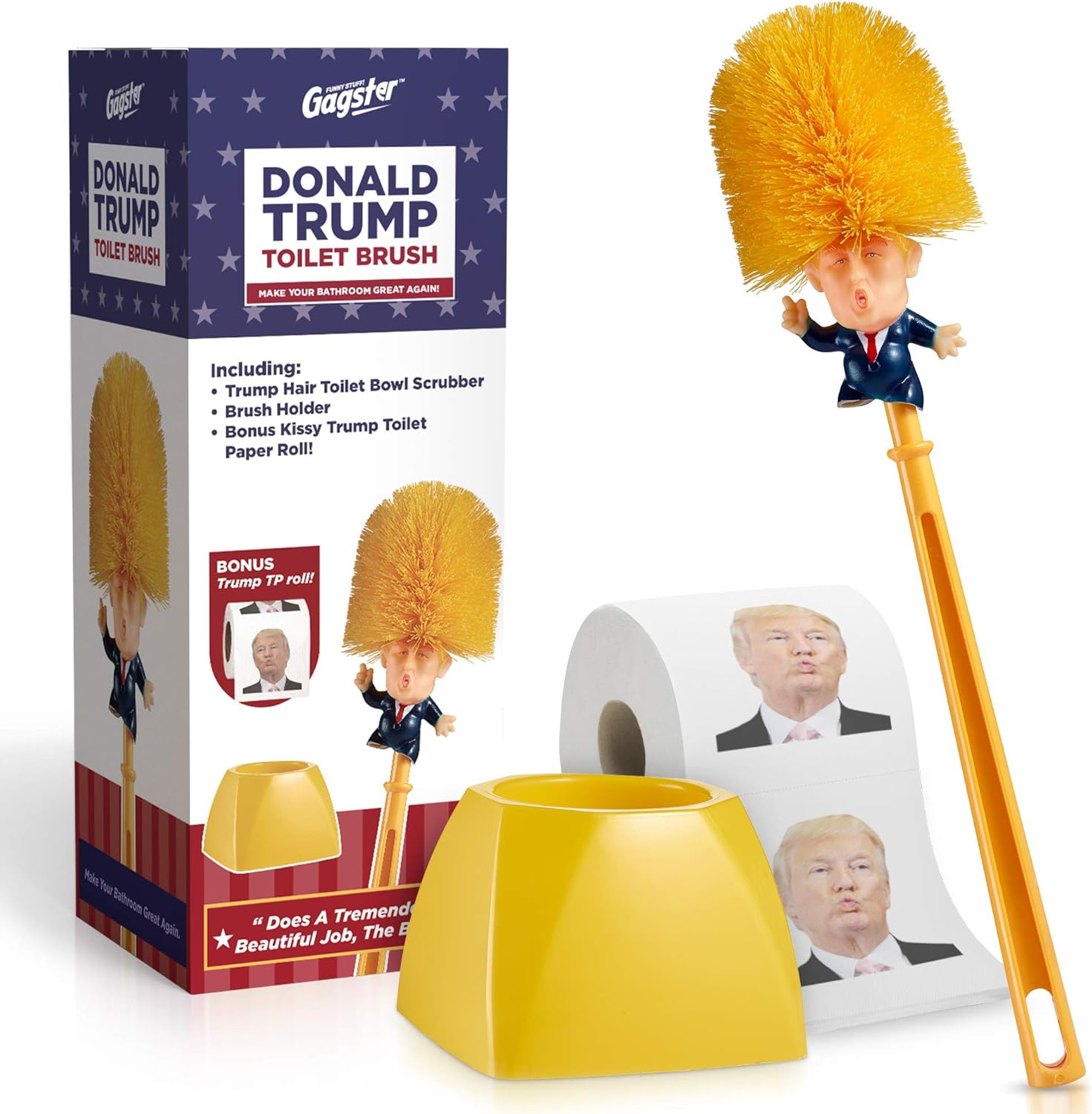 Donald Trump Toilet Brush and Trump Toilet Paper Roll Bundle - Funny Political Gag Gift Toilet Bowl Cleaner Scrubber with 3-Ply Bathroom Tissue Paper - Hilarious Trump Hair Unique Gift Idea image number 1