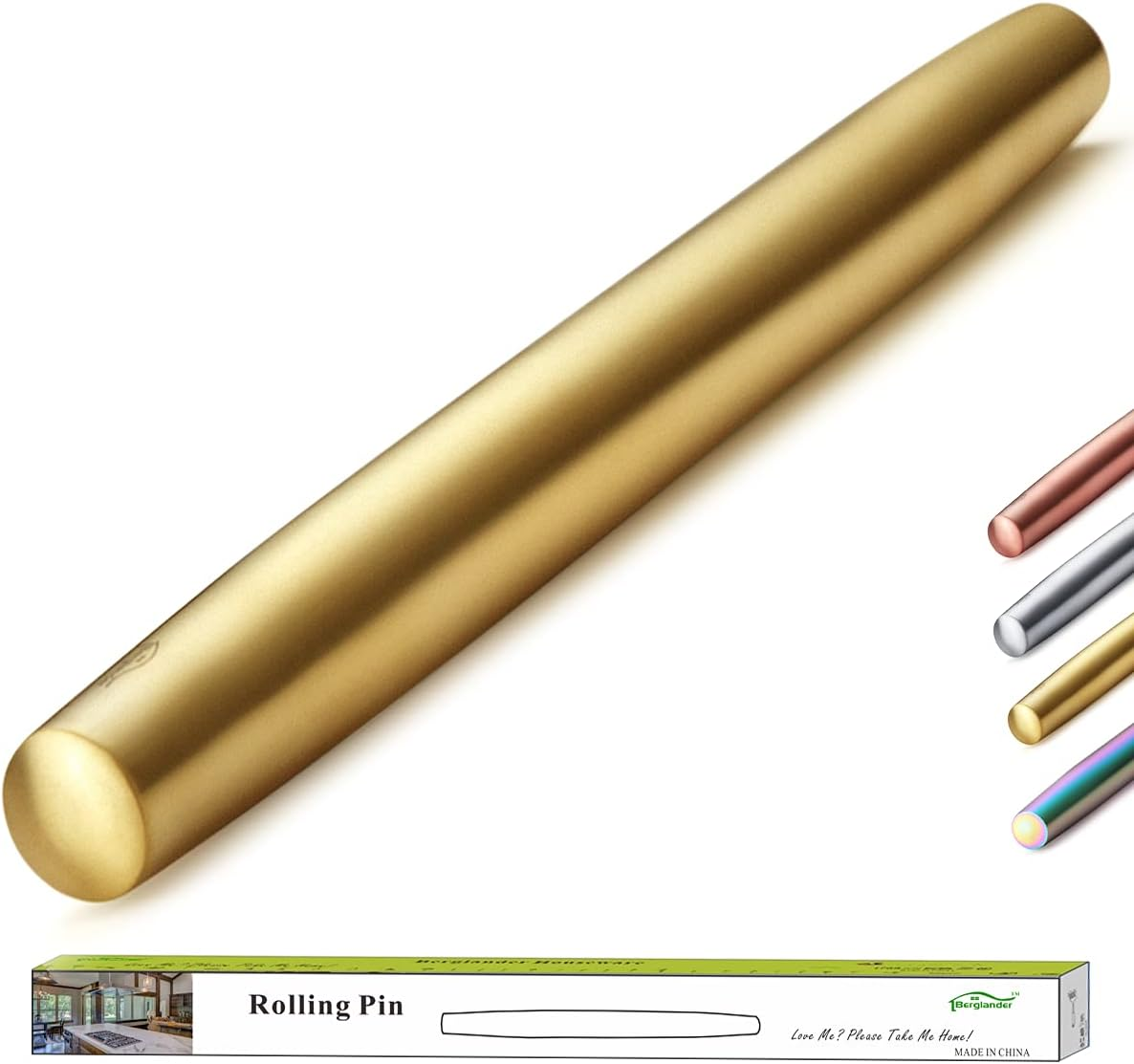 Berglander Rainbow Rolling Pin, 16.7 Inches Stainless Steel Colorful Matte Finish with Rainbow Titanium Plating Rolling Pin for Baking Pizza Dough, Pie, Cookie, Gift Ideas for Bakers.