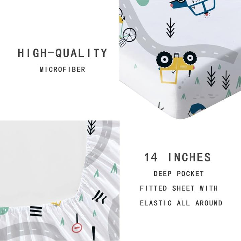 Yasida Twin Kids Fitted Sheets Road Traffic Themed Sheet and Pillowcases Set Cute Cartoon Truck Bed Boys Twin Sheet Set 2 Piece Bedding Decor Set