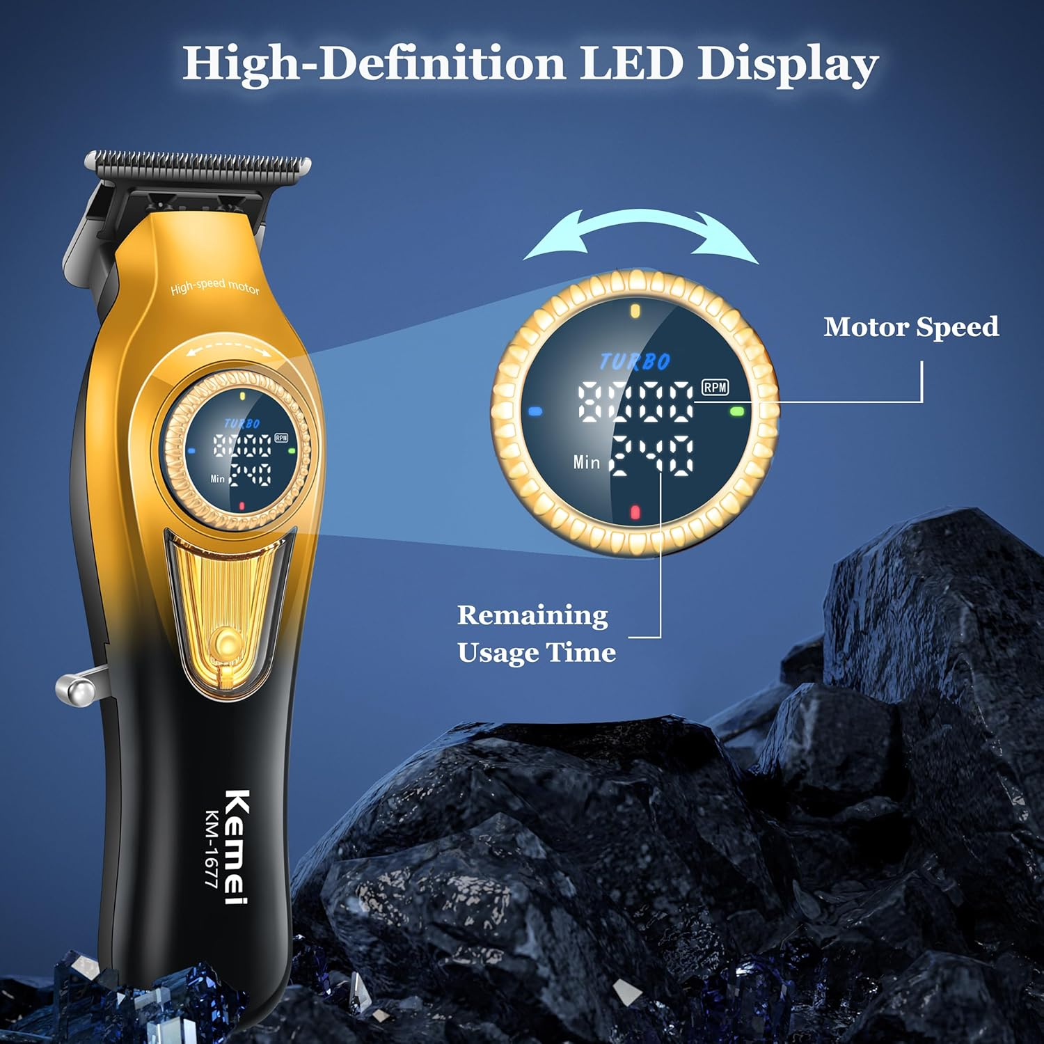 KEMEI 1677 Beard Trimmer for Men, Professional Hair Clippers, Cordless Barber Clipper with LED Display, DLC T-Blade Hair Trimmer, 8000 RPM Turbo Brushless Motor image number 2