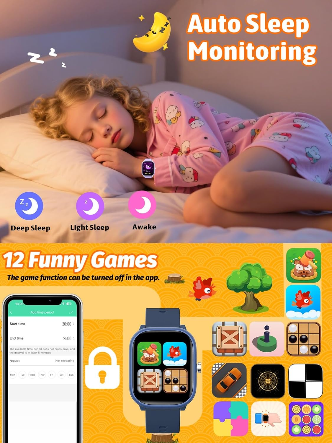 Kids Smart Watch for Boys Girls, Fitness Tracker with Heart Rate Sleep Monitor, 1.83" Touchscreen with 12 Puzzle Games, Waterproof Activity Tracker Pedometer for Android Iphone (Purple) image number 5
