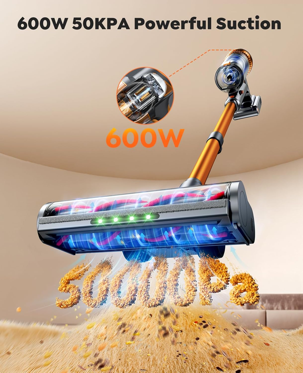 Cordless Vacuum Cleaner, Upgraded 600W/50KPA 65Mins Detachable Battery, Powerful Stick Vacuum with Self-Standing Feature, Auto Mode, Wall Charging, LED Display, Vacuum 1M Extendable Hose for Home/Car image number 2