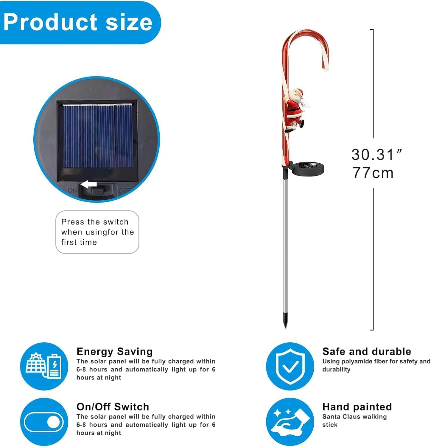 Syfunlv Pack of 2 Solar Santa Lights for Garden, LED Candy Canes, Christmas Sticks, Waterproof Lawn Lamp, Christmas Garden Decoration, Fairy Lights, for Outdoor, Garden, Yard, Balcony, Path (Style 1) image number 1