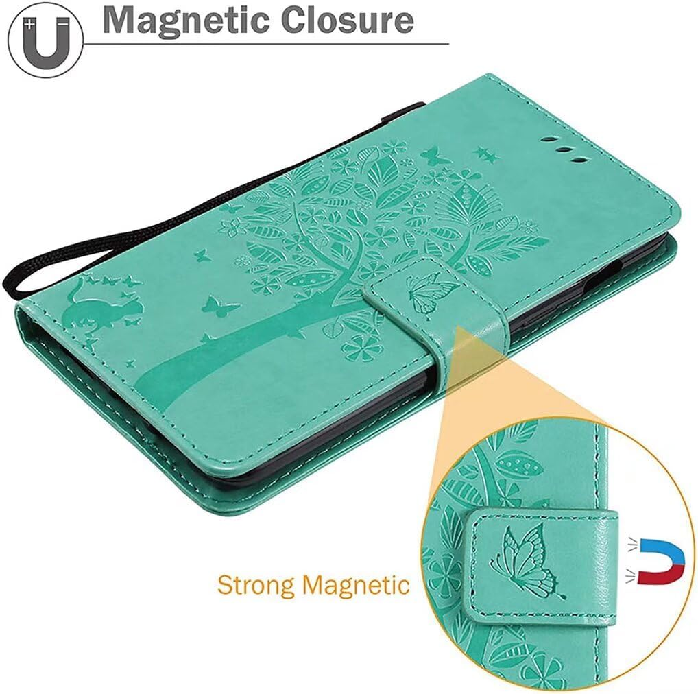 SEAHAI Case for CMF Phone 2 Pro Mobile Phone Case, Pretty Embossed Leaves and Cat Premium PU Leather Folio Wallet Shockproof Protective Flip Case, Green - Gray image number 2