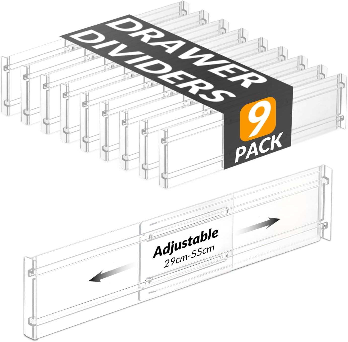 Hormes Drawer Dividers, 9 Pack Adjustable Clear Drawer Organisers, Expandable 29&ndash;55Cm and 8Cm High Drawers Separators for Bedroom Clothing, Kitchen Utensils, Bathroom & Office Organization and Storage