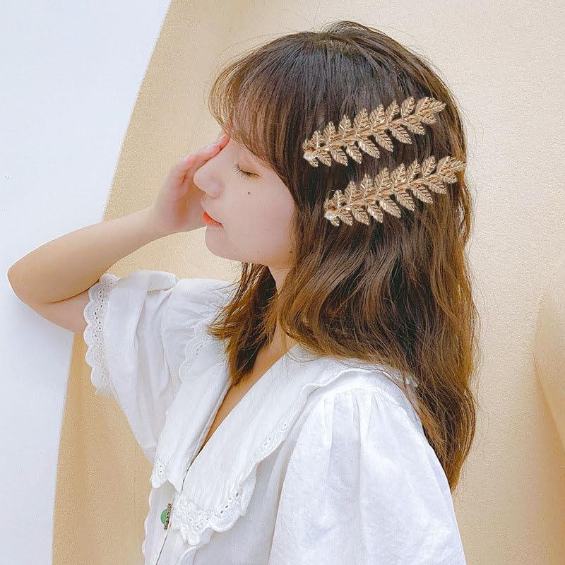 Gold Leaf Hair Clips Barrettes Greek Goddess Costume Cosplay Accessories for Women Girls 2 Pcs Leaves Clip with Pearl Hair Piece Leaf Clips for Wedding Party image number 4