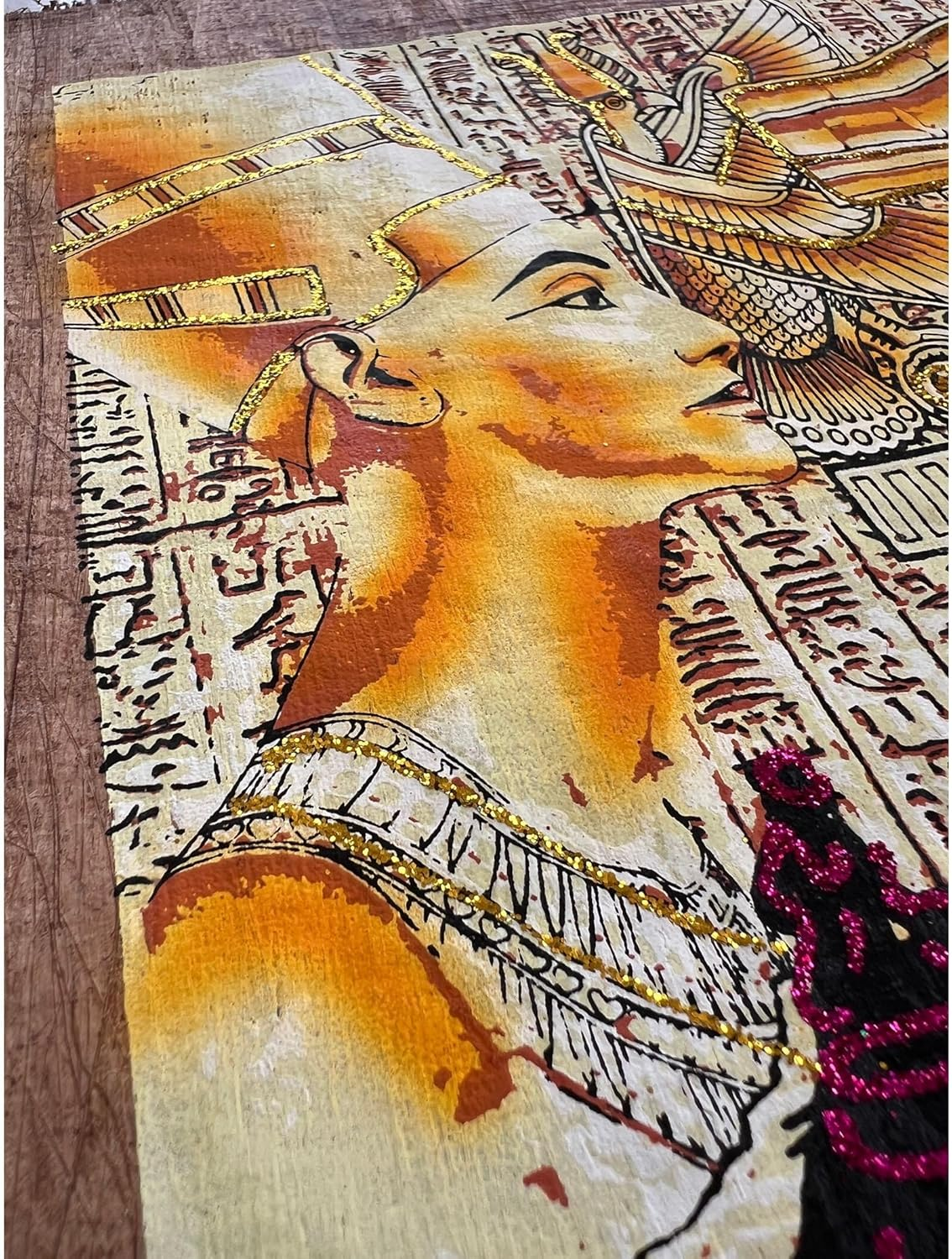Nefertiti, Eye of Ra, Tutankhamun on Antiqued Papyrus, Glow in the Dark Vintage Painting - 17X13 Inches
