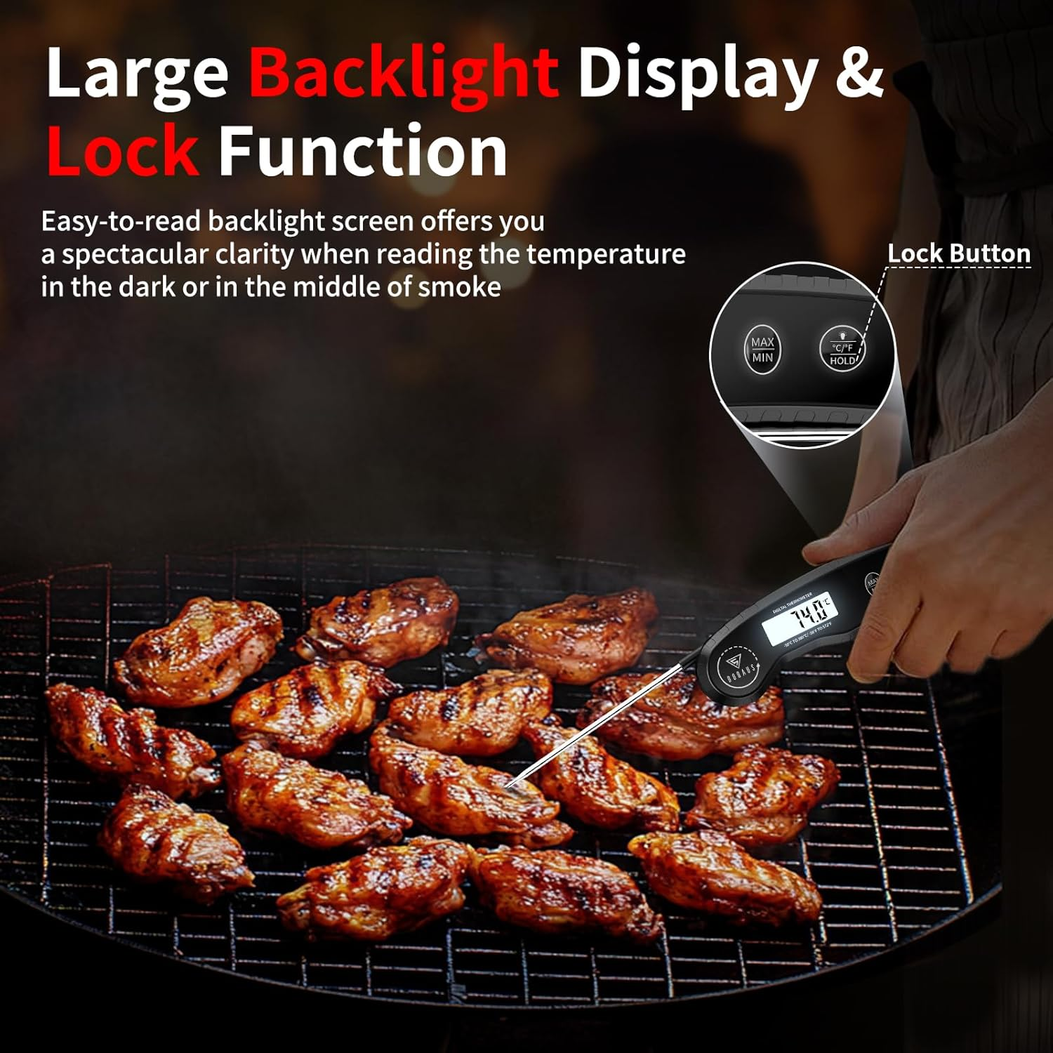 DOQAUS Meat Thermometers, 3S Instant Read Food Thermometer with &plusmn;0.5℃ Precision, Backlit LCD, 12Cm Stainless Food Probe, Auto On/Off Meat Thermometer Probe for Cooking, Baking, BBQ, Water, Oil, Black image number 4