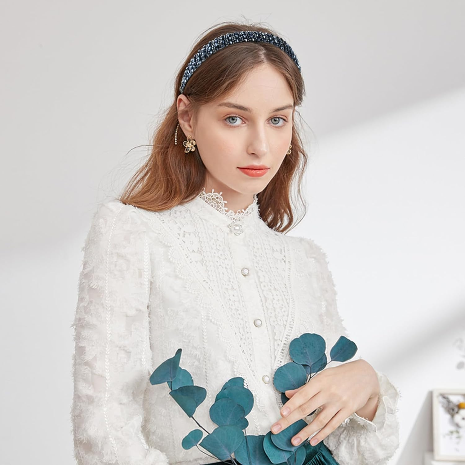 Amexo Pack of 2 Hair Bands for Women with Crystal Beads, Elegant Headband, Blue Headband for Bride, Bead, Chain, Hair Accessories, Headband for Women and Girls image number 3