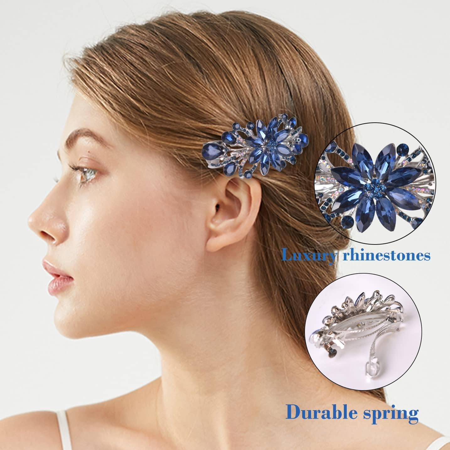 Sankuwen Flower Luxury Jewelry Design Hairpin Rhinestone Hair Barrette Clip (Dark Blue)