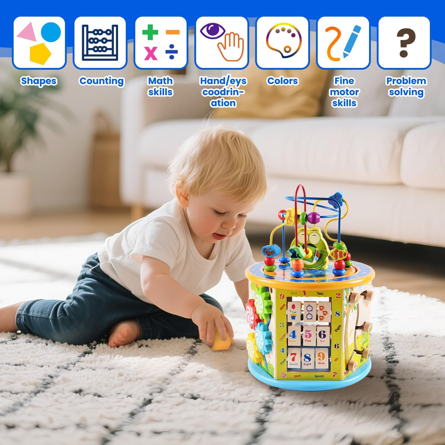 Uandhome Wooden Activity Cube for Toddlers 3,Montessori Early Educational Early Educational Learning Music,8 in 1 Electronic Shape Sorter, Montessori Toys,Bead Maze for Kids Toddler Infant First Gifts image number 4