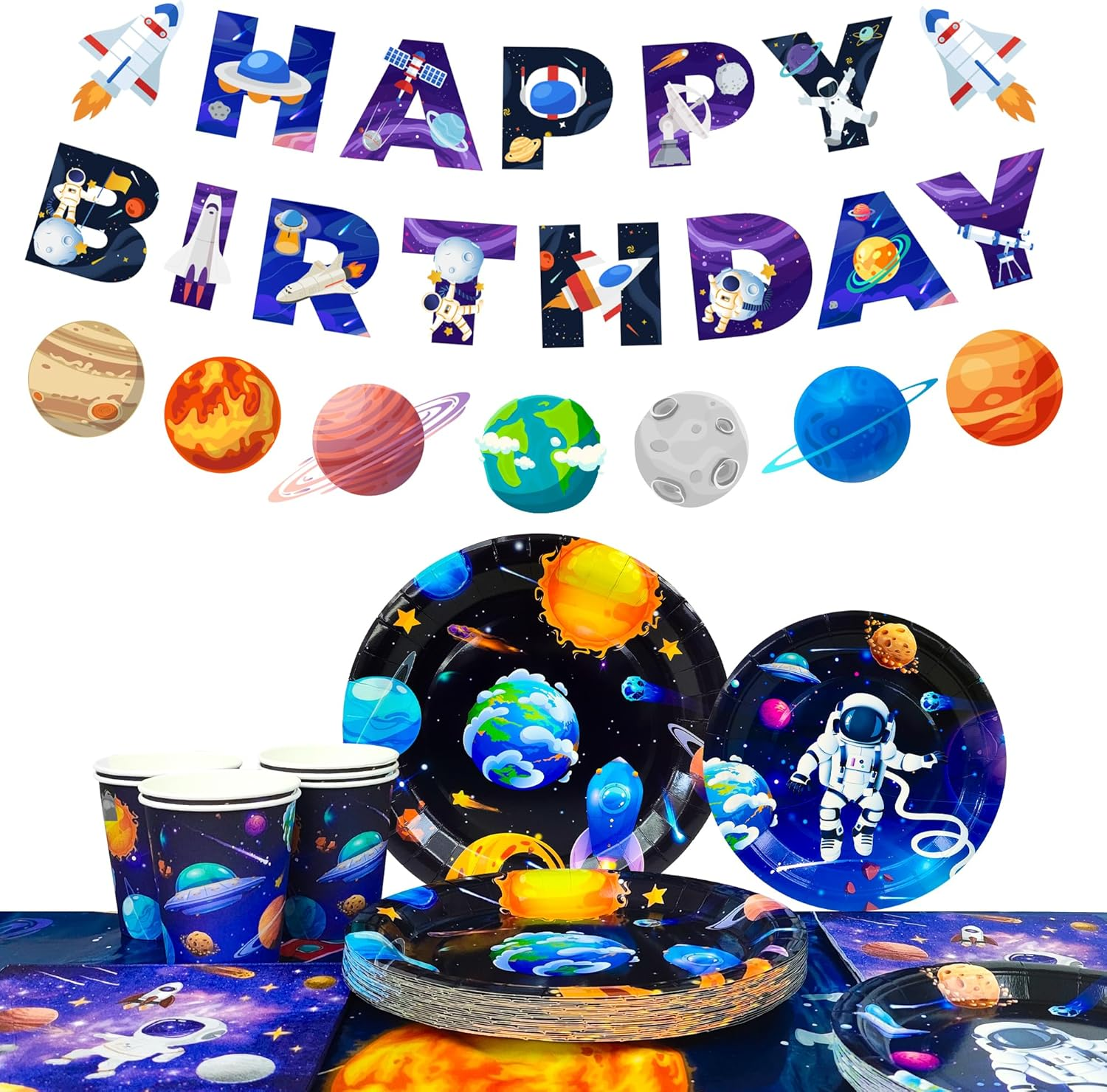 Space Theme Tableware, 24 Guests Outer Space Birthday Party Supplies - Party Plates Napkins Tablecloth Garland Etc Tableware for Birthday Decorations image number 4