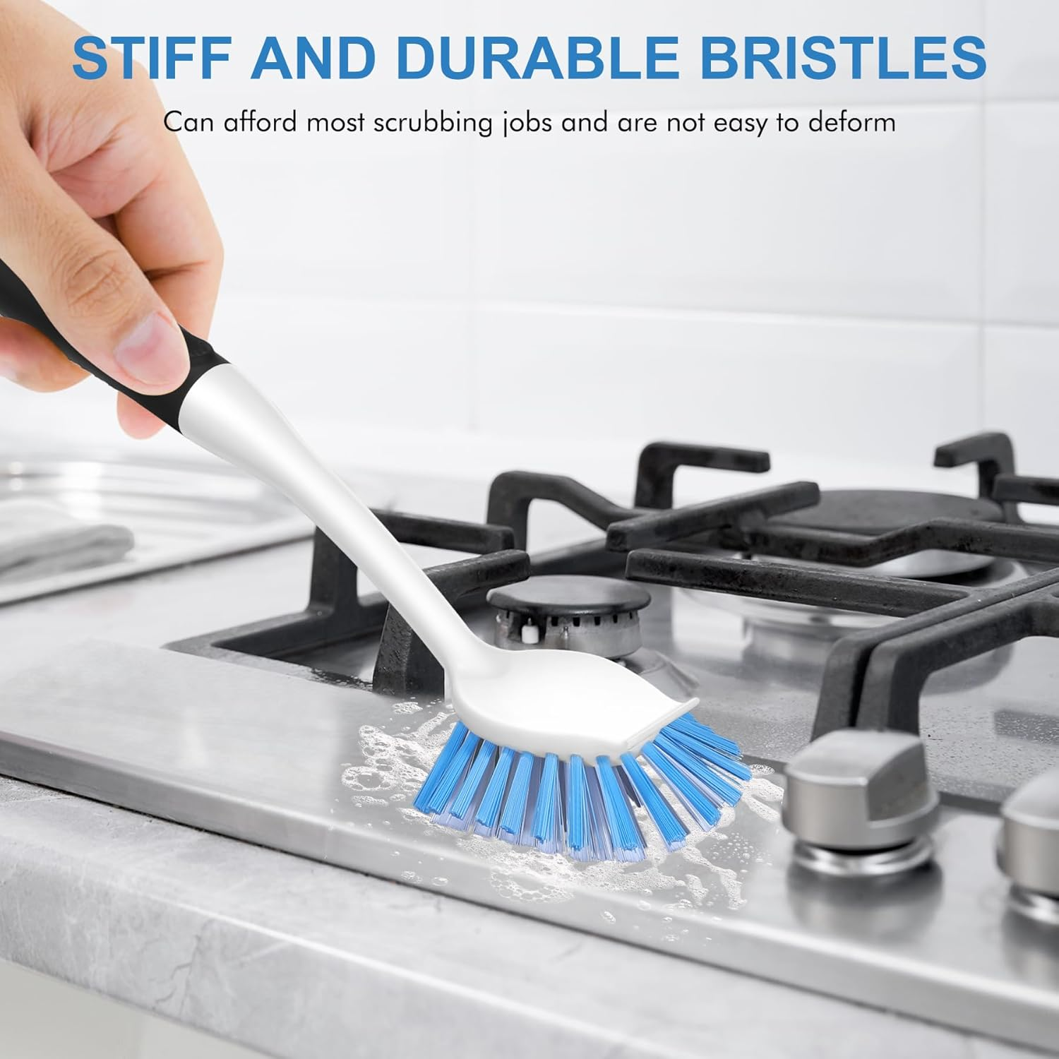 Setsail Dish Brush with Handle, 2 Pack Stiff Bristles Dish Scrubber with Built-In Scraper Dish Scrub Brushes for Cleaning Dishes, Pots and Pans, Kitchen Sink - Black-Blue image number 2