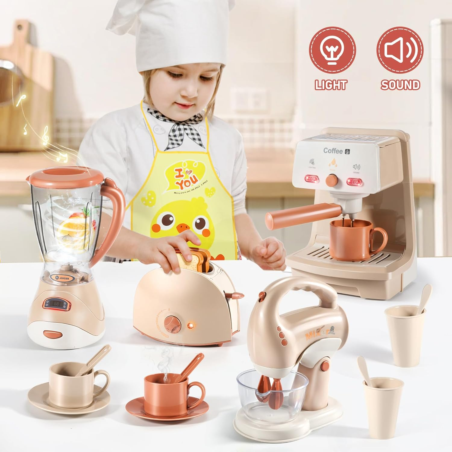 Kids Kitchen Set Includes Coffee Maker ,Blender,Fruit Machine and Toaster ,Apron and Cups,With Realistic Lights& Sounds for Kids 3+ Ages Toddler Toys image number 4