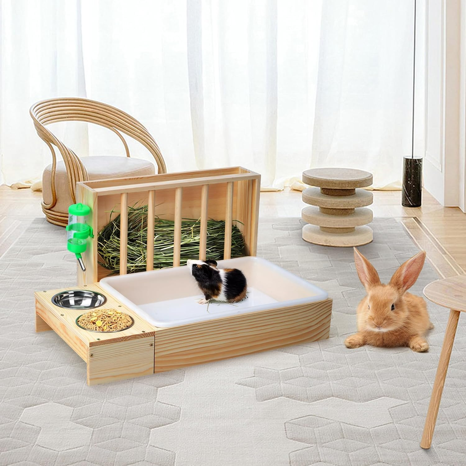 Hay Feeder with Litter Box and Bowls, Wooden Guinea Pig Holder Toilet for Bunny, Chinchillas, Hamster, Small Pet Rack Manger, Wood Colour image number 1