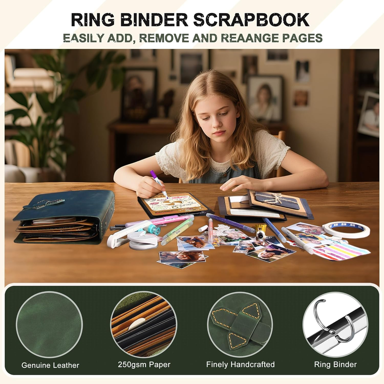 Handmade Genuine Leather Scrapbook Photo Album &ndash; DIY 3D Interactive Memory Book for Wedding, Baby, Family Photos (Travel, Anniversary, Birthday Gift)- Green image number 6