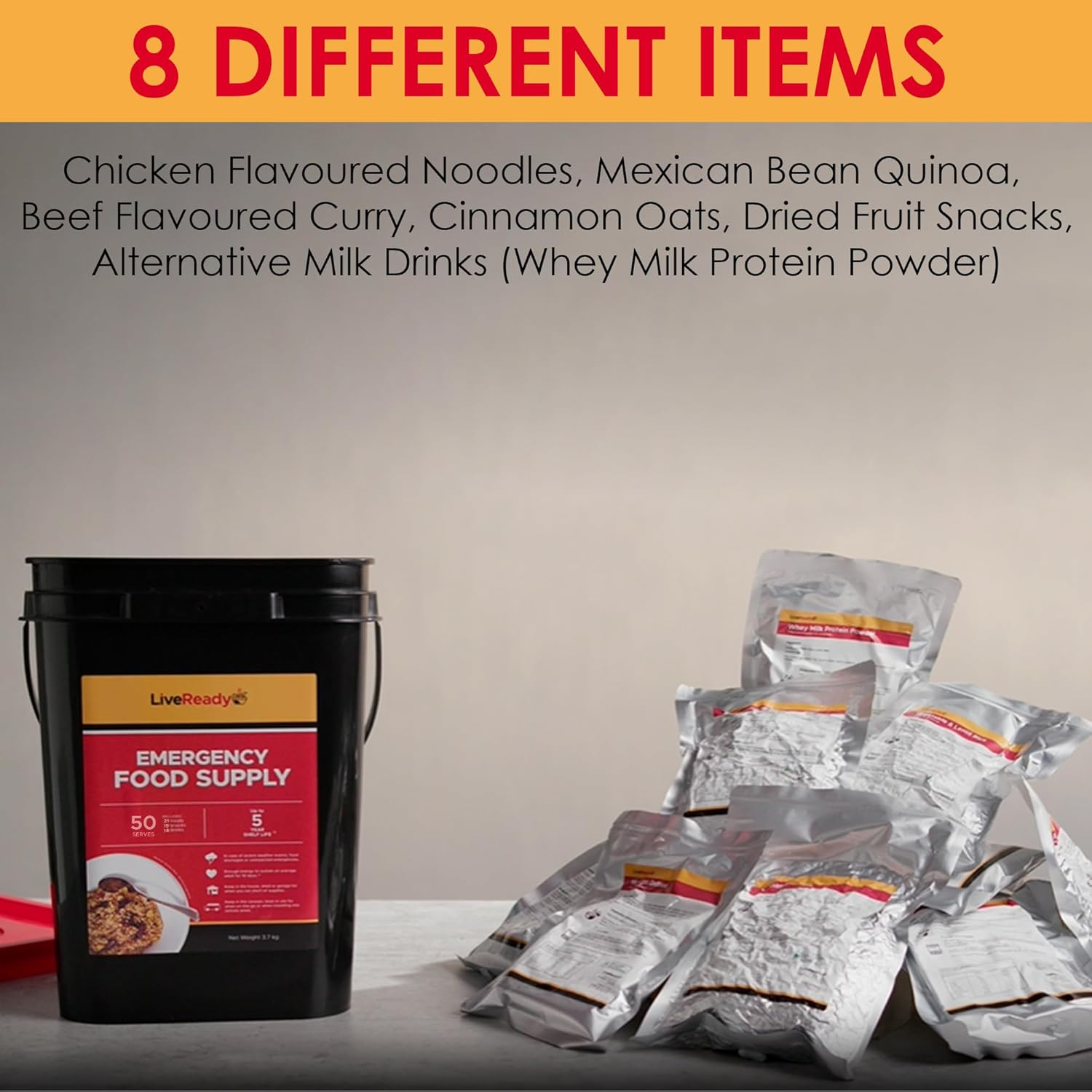 Emergency Food Supply by Liveready. a 50 Serve Survival Food Kit Including 21 Meals, 15 Snacks & 14 Drinks. 5 Year Shelf Life image number 1