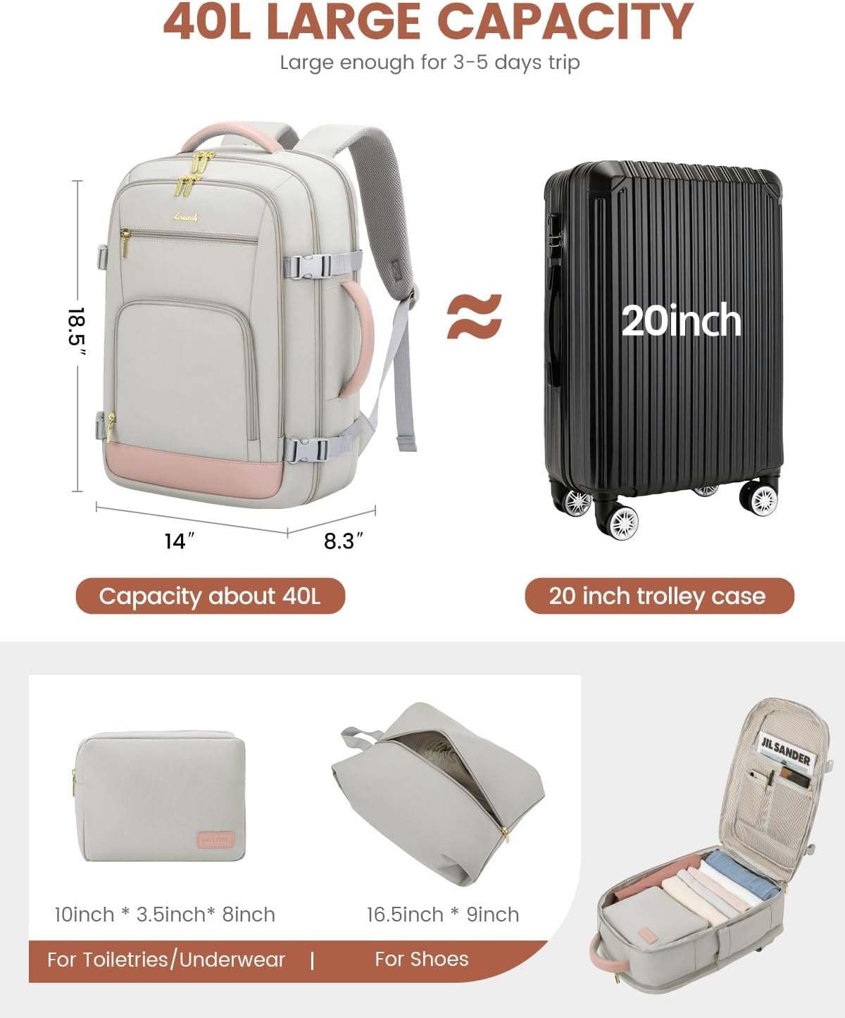 LOVEVOOK Carry on Travel Backpack for Women Men Flight Approved, 40L/50L Personal Item Backpack for Airplanes, Business Weekender Overnight Daypack Fits 17 Inch Laptop