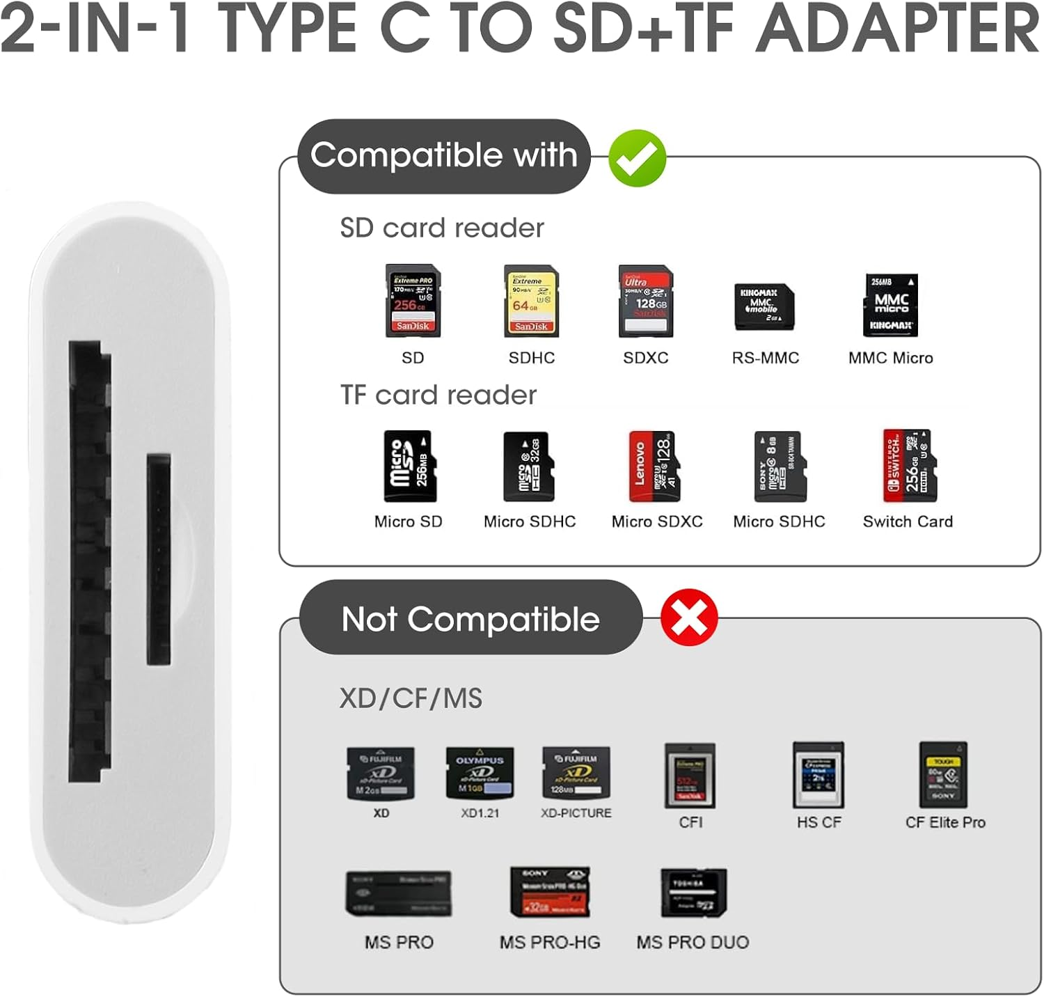 USB-C SD Memory Card Reader Type C Adapter 2 in 1 for Iphone 16/15 Pro/Max/Plus, Macbook Pro Air 2022-2016, M1 M2 Mac/Ipad Pro Air/Surface, for Samsung S23/S22/S21/Ultra/Plus, for Google (C-SD) image number 1