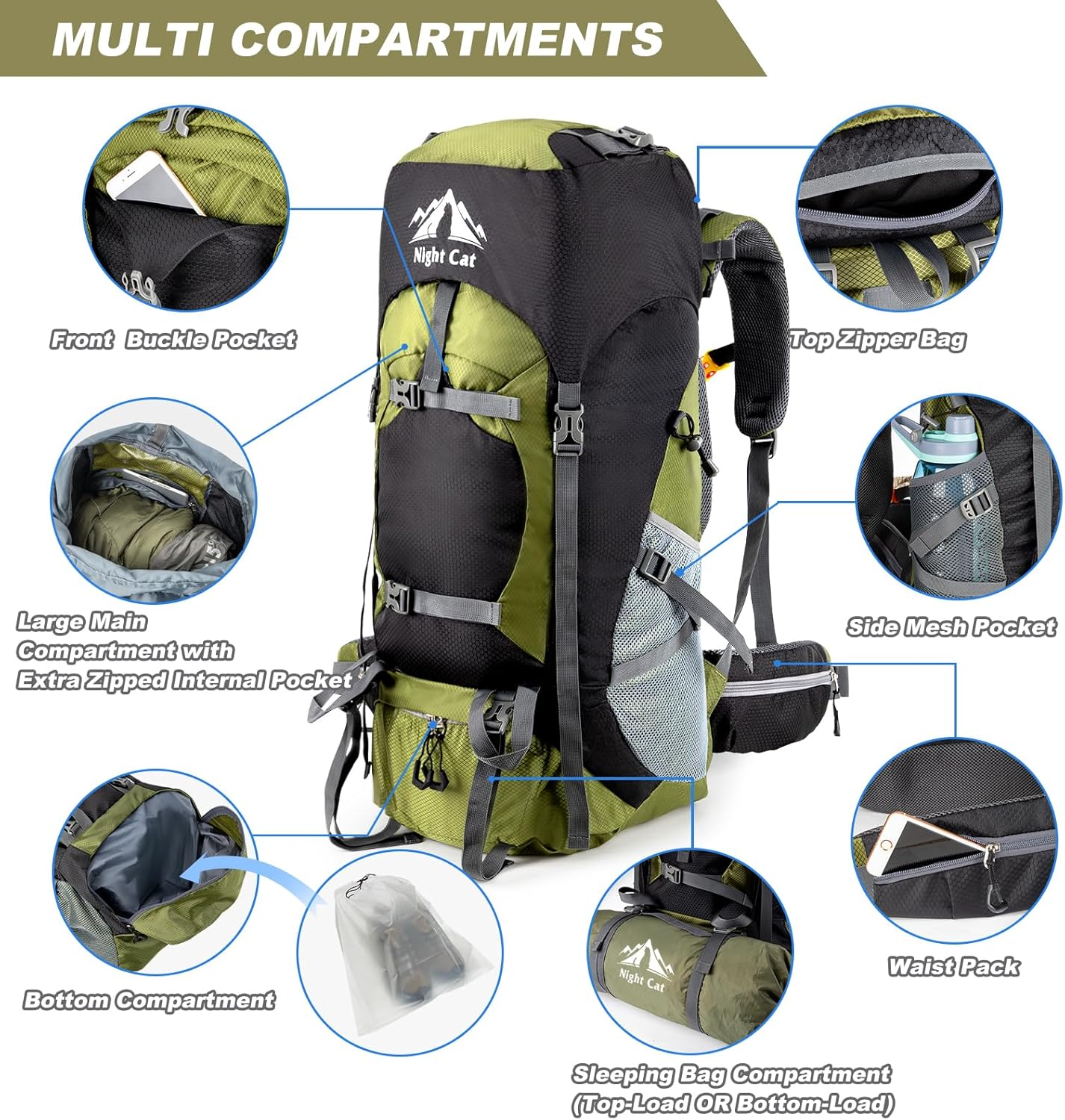 Night Cat Backpack 70L Rucksack Breathable for Trekking Mountaineering Camping Climbing Backpacking image number 6