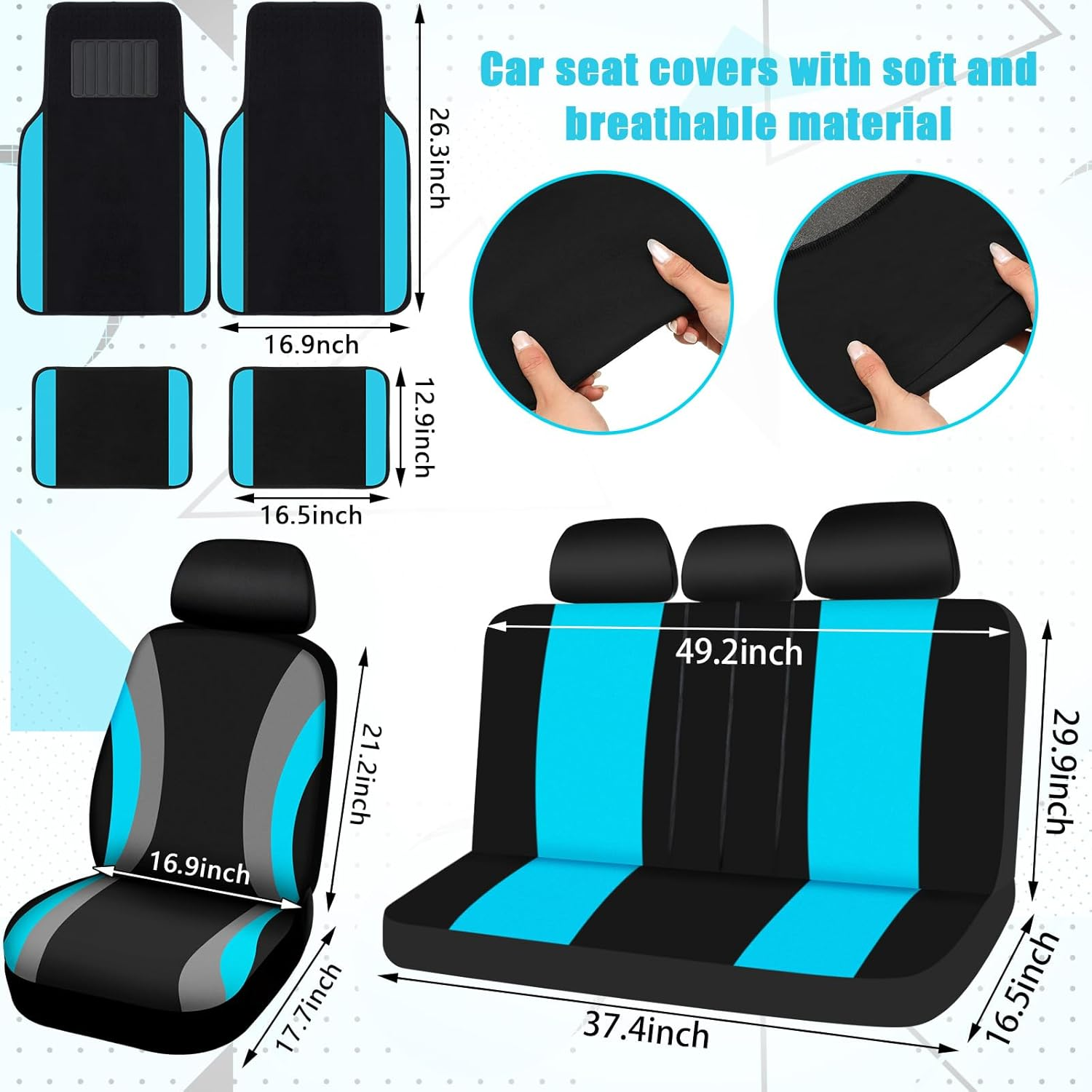 ROCEEI 47 Pcs Car Seat Cover Full Set Car Accessories for Front Rear Seat Fluffy Steering Wheel Cover Belt Automotive Floor Mats Air Conditioner Decoration Strip(Lake Blue) image number 5