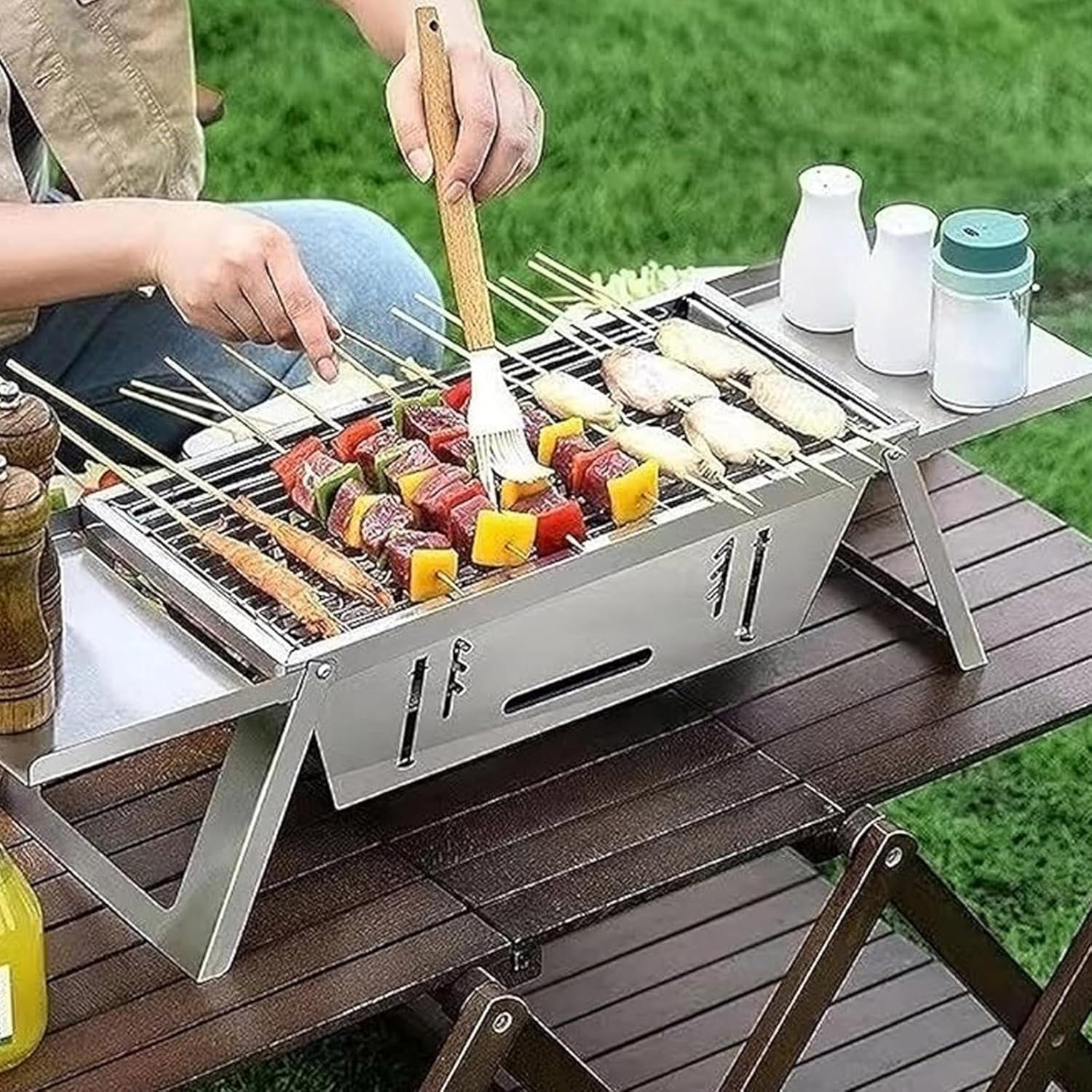 Portable Charcoal Grill with Carry Bag, Stainless Steel Foldable Small Grill for 1-5 People, Tabletop Outdoor BBQ Cooker for Travel，Cooking,Includes Gloves & Carry Bag and Kabob Skewer image number 3