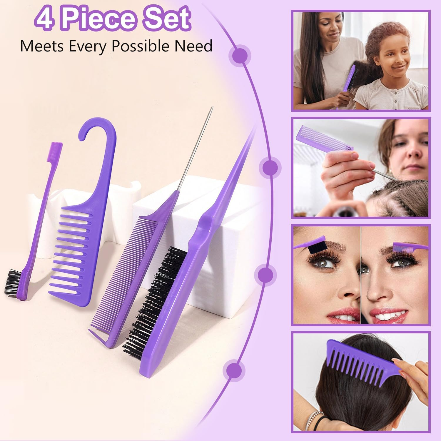 FOTN 17 Pcs Hair Brush and Comb Set for Women, Detangling, Styling, Edge Bristles, Wide Tooth Rat Tail, Spray Bottles, Topsy Hair Tail, Hair Braiding Kit for Girls (Purple) image number 6