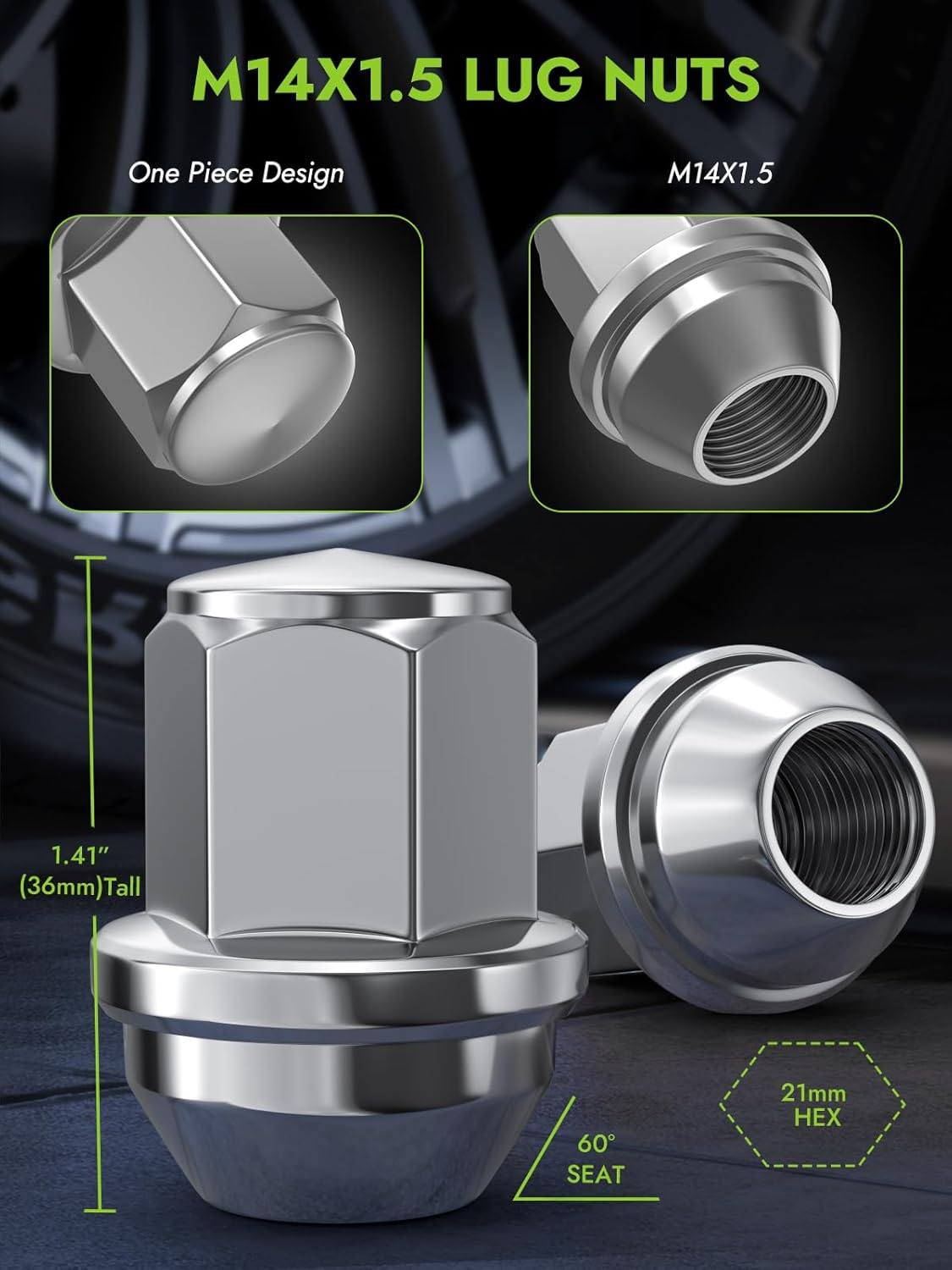 M14X1.5 OEM Lug Nuts - Replacement for Ford Mustang Edge Explorer MKX MKZ Aviator Factory Wheel, Chrome 13/16" 21Mm Hex, 20 PCS One-Piece Auti-Rust Tire Lug Nuts, OE#ACPZ-1012-M 611-007 image number 3