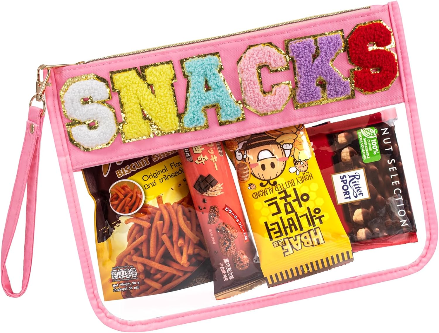 Snack Bag Clear Makeup Bag, Chenille Letter Clear Zipper Pouch Nylon Cosmetic Pouch Organizer Sunscreen Toiletry Bag Waterproof Summer Beach Organizer Travel Gifts for Women Girls (Black Snacks)