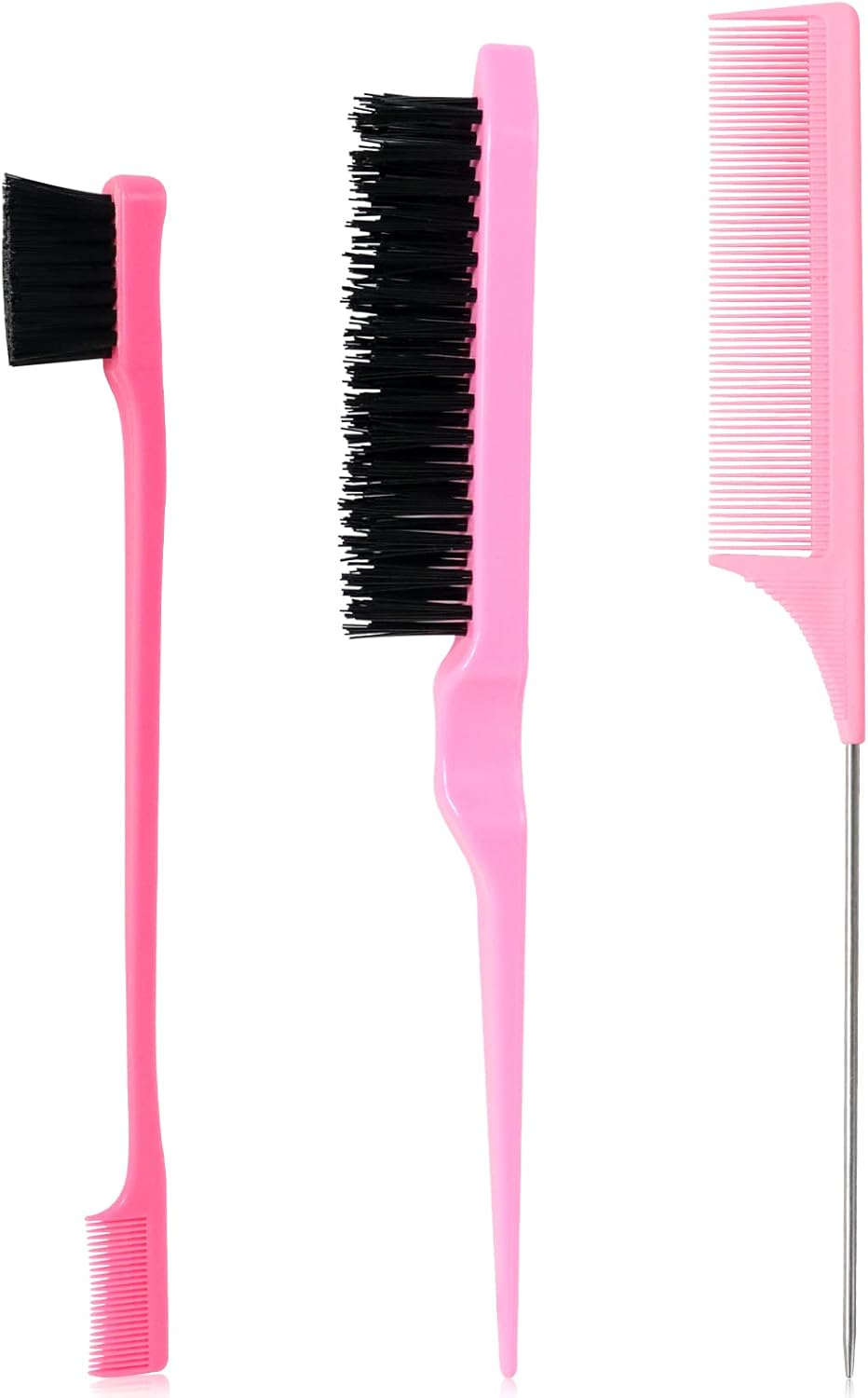 Sularpek 3 Pieces Slick Brush Set Bristle Hair Brush, Teasing Brush Edge Brush, Rat Tail Comb, for Edge & Back Brushing, Combing Slicking Hair for Women Girls (Pink)