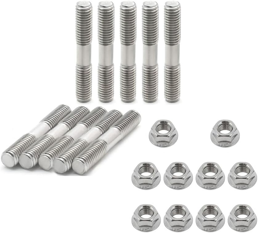 Leanockesa Exhaust Manifold Stud Kit, 10 Sets M8 Stainless Steel Studs and Nuts for Automotive Exhaust and Intake Systems, High Temperature Resistance, Corrosion Proof Bolts for Engine Repair