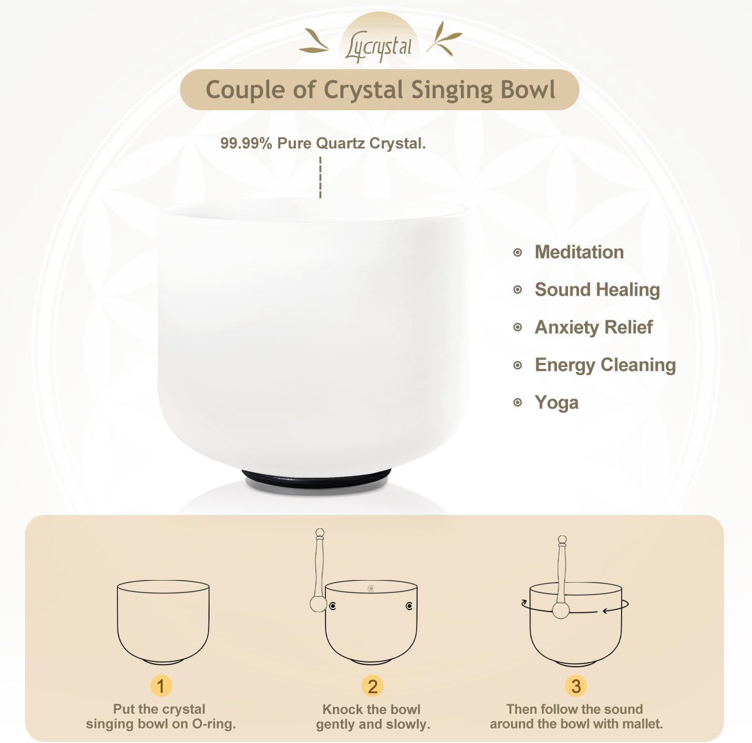 Lycrystal Couple of 2 PCS Crystal Singing Bowl Set, 8'' F Note Heart Chakra and 10'' C Note Root Chakra, Sound Bowl Meditation Set for Healing with Carry Case Bag., White, (FBA-8F10C) image number 3