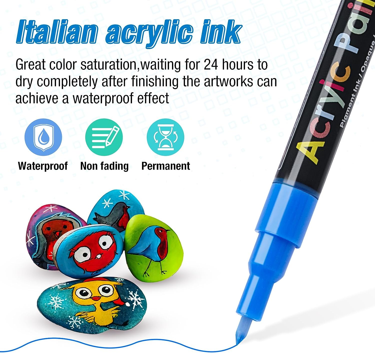 JR.WHITE Acrylic Paint Pens Paint Markers Set of 18: Fine Point for Rock Painting Glass Wood Ceramic Fabric Metal Canvas Easter Eggs Pumpkin Kit, Drawing Art Crafts for Adults Scrapbooking Supplies image number 6