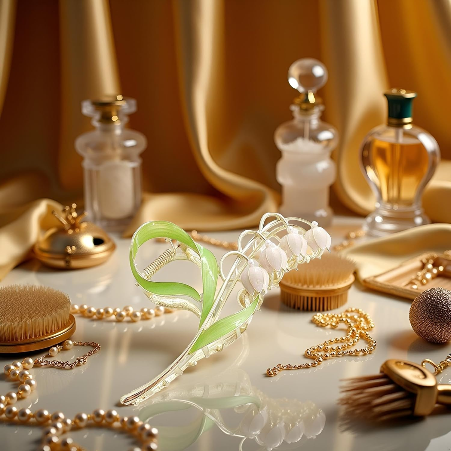 1Pc Pink Gold Lily of the Valley Flower Hair Clips, Large Metal Claw Clip,Orchid Clamps,Lily Jaw Clamp Styling Accessories for Thick Thin,Hair Accessories image number 1