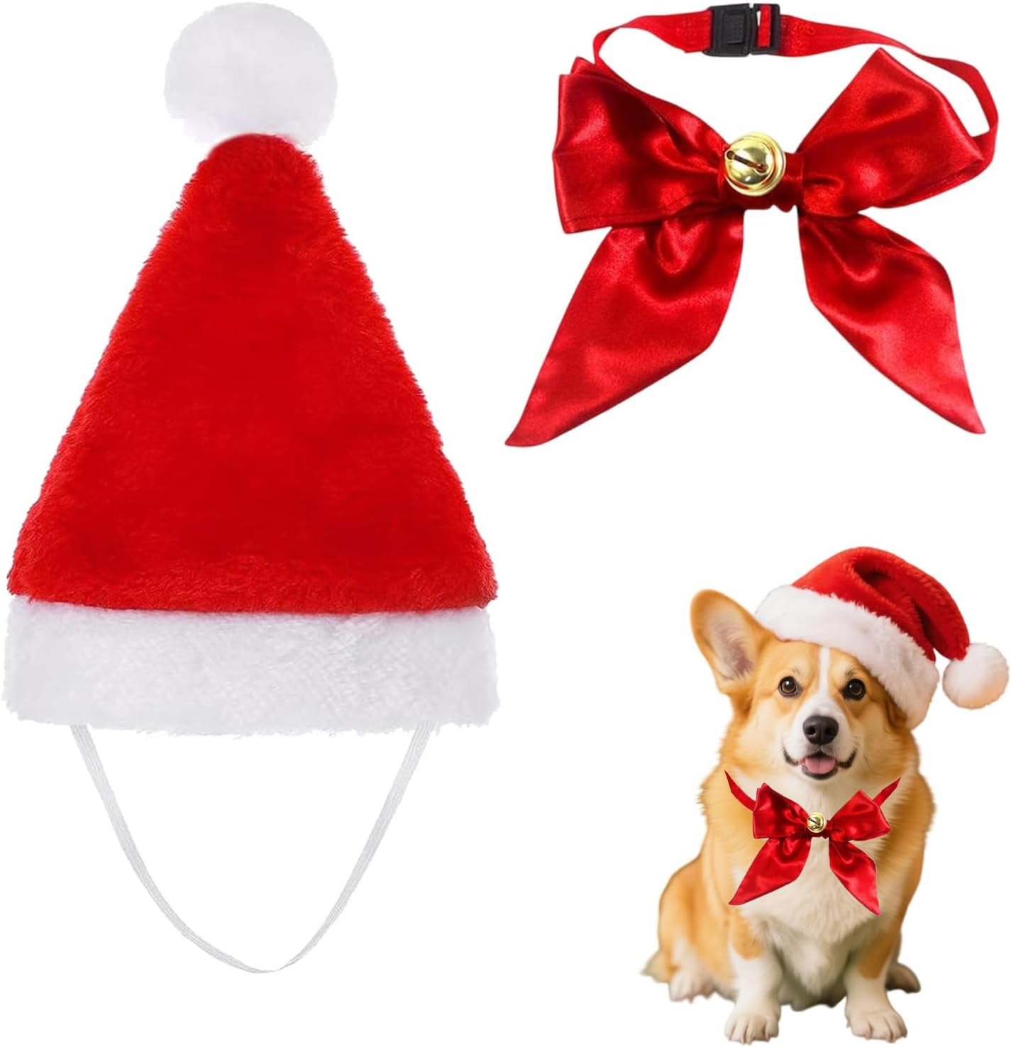 Christmas Dog Costume, 1 X Christmas Hat and 1 X Bell Butterfly Knot, Dogs, Cats, Christmas Costume, Ideal for Christmas Photos and Family Celebrations (Red)