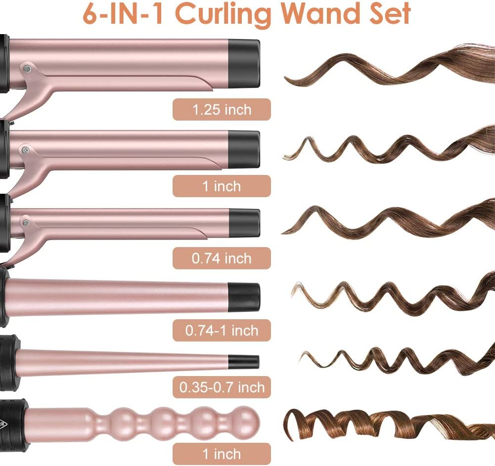 6-IN-1 Curling Iron, Professional Curling Wand Set, Instant Heat up Hair Curler with 6 Interchangeable Ceramic Barrels (0.35'' to 1.25'') and 2 Temperature Adjustments, Heat Protective Glove & 2 Clips image number 2