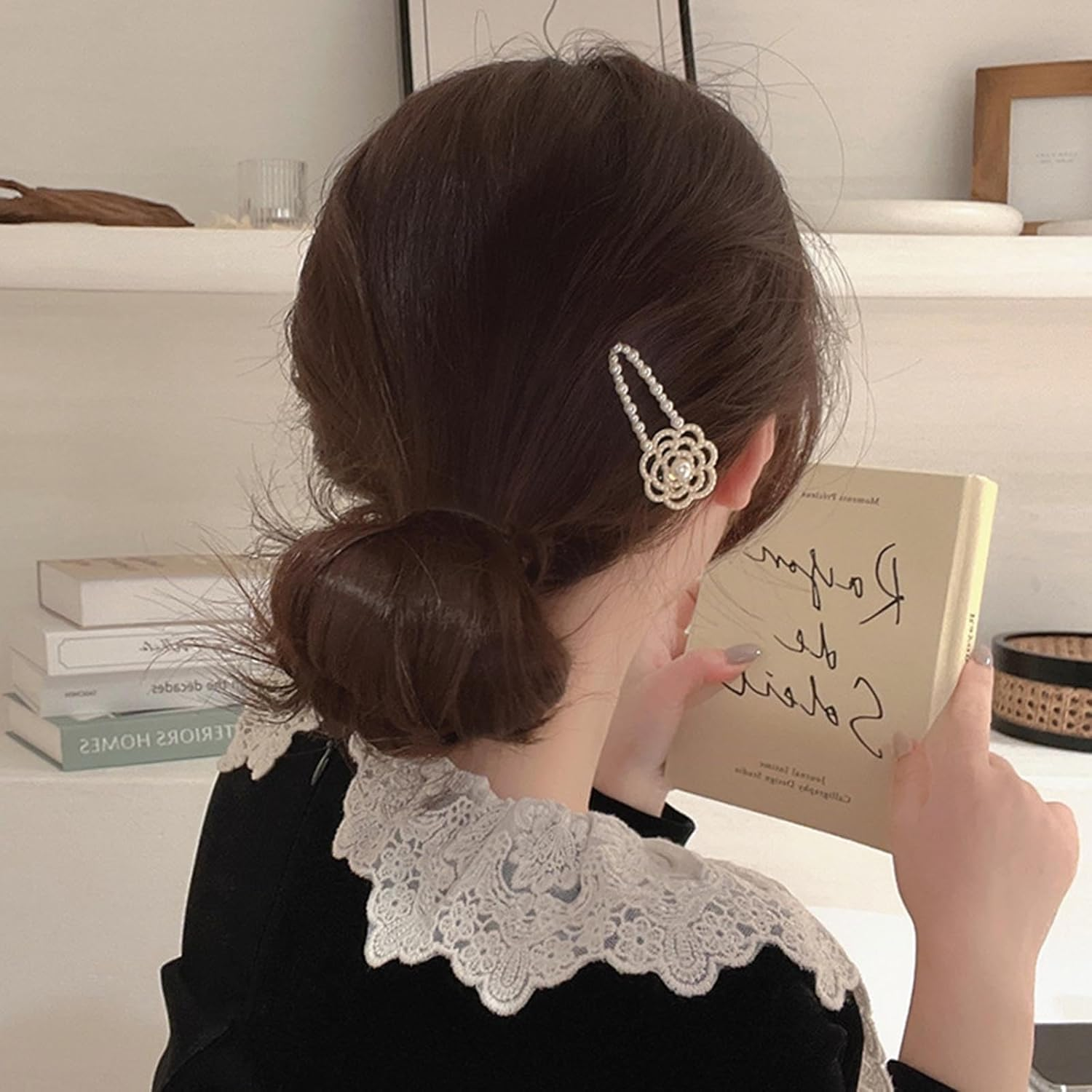 Flower Hair Clip for Women Crystal Flowers Hair Pins Gold Beads Hair Clips Paved Flowers Decorative Hairpin Beads Hair Accessories Long Hair Fashion Gifts (Style:B) image number 4