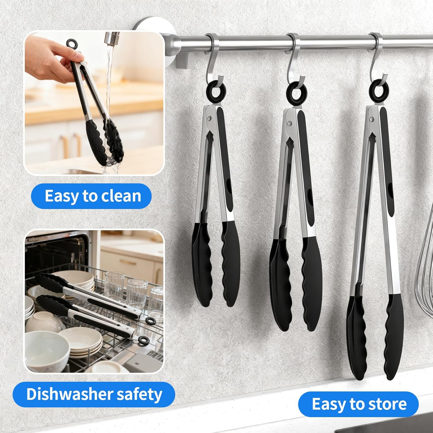 Silicone Tongs Set of 3, Stainless Steel Kitchen Tongs 18/23/30 Cm with Non-Stick Tips, Heat Resistant Cooking Utensils for Grill BBQ Frying Salad Serving (Black) image number 1