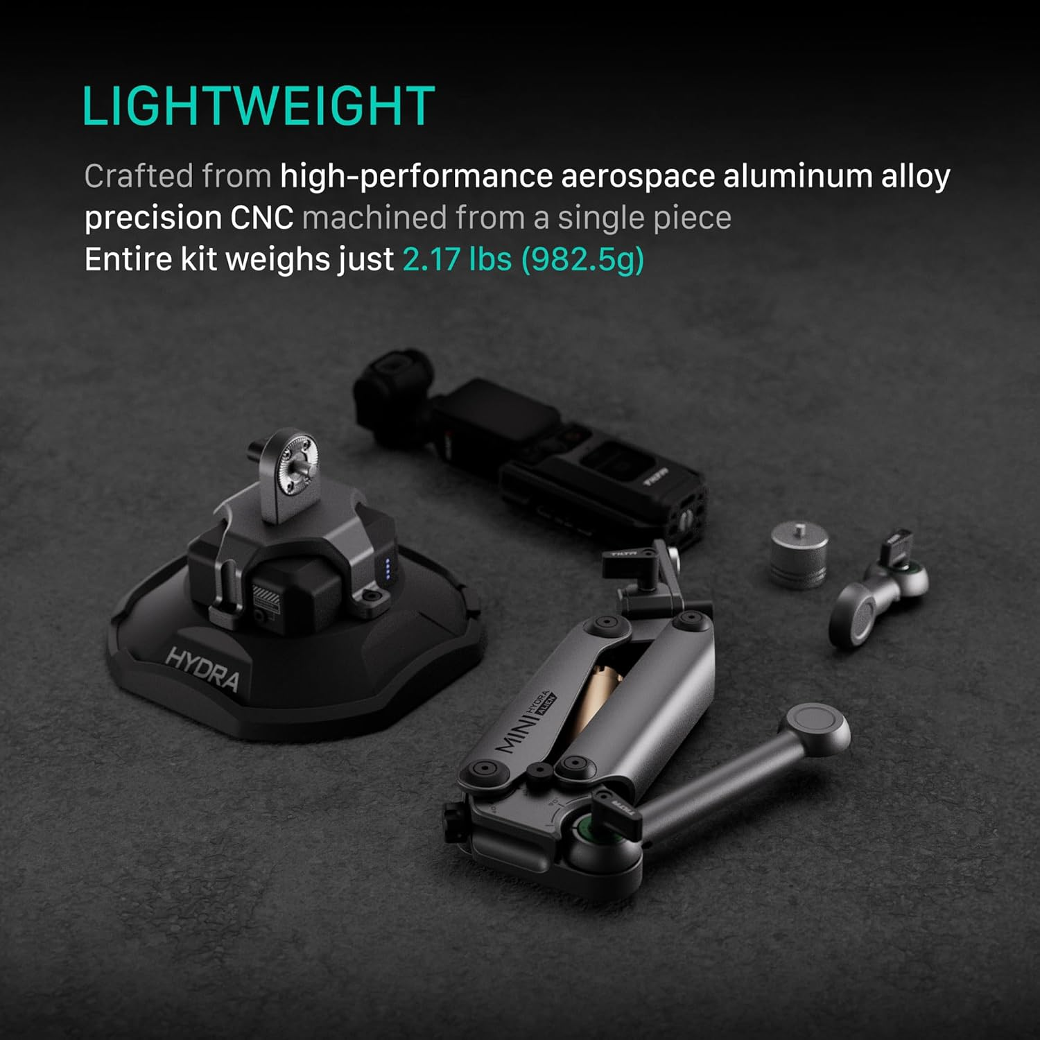 Tilta Hydra Alien Mini Electronic Suction Cup Kit - Titanium Gray | Compatible with DJI Pocket 3, and Other Action Cams/Smartphones | Hydraulic Damping | Adjustable Arm image number 5