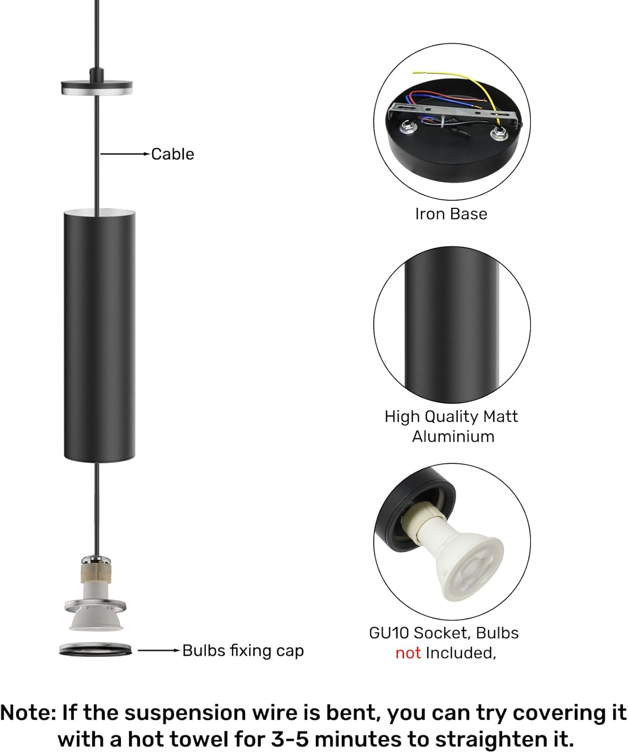 Klighten GU10 Cylindrical 2-Bulb Height Adjustable Pendant Light for Kitchen Bedroom Dining Living Room Black without Bulb image number 6