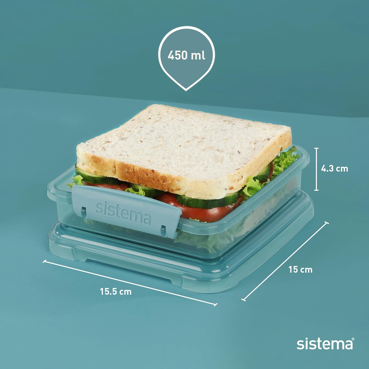 Sistema Ocean Bound Plastic Sandwich Box | 450Ml Food Storage Container and Lunch Box| Bpa-Free, Made Using Recycled Plastic | Teal or Blue (Colour Not Selectable) | 1 Count image number 4