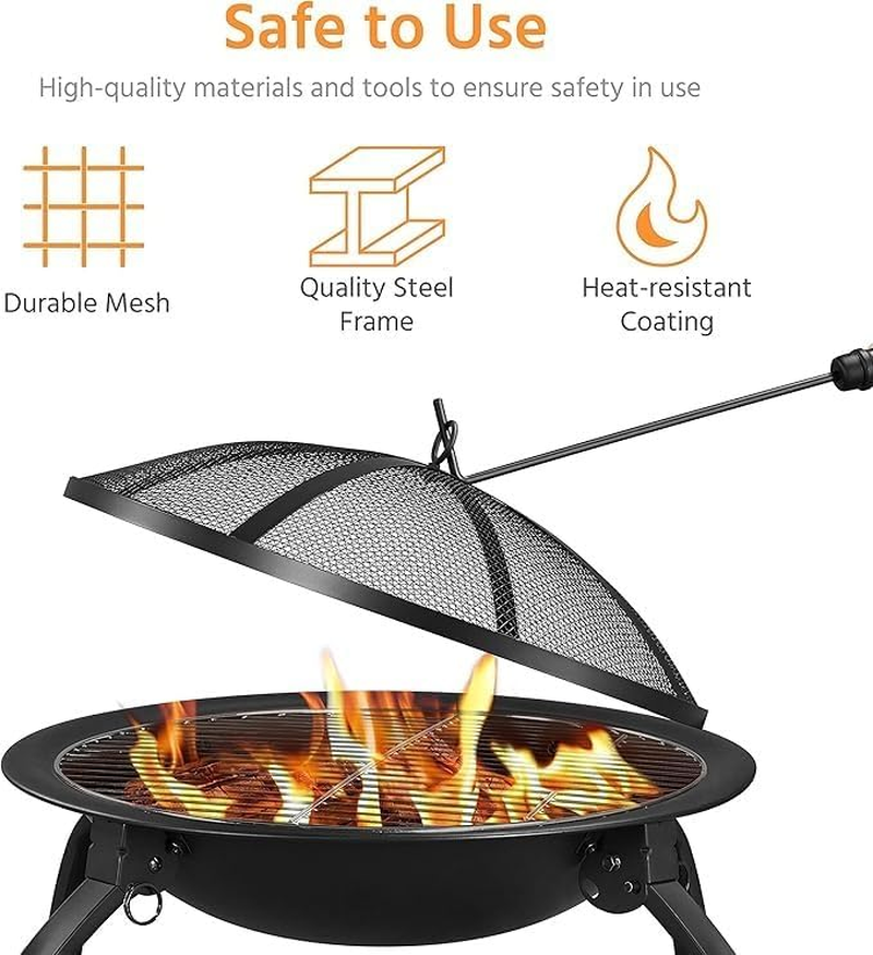 55CM Fire Pit Portable Folding Steel Fire Bowl, Carbon Barbecue Table, Cooking Tea around the Stove for outside Fireplace with Carrying Bag, BBQ Grill, Poker, for Patio Backyard Camping Bonfire image number 4
