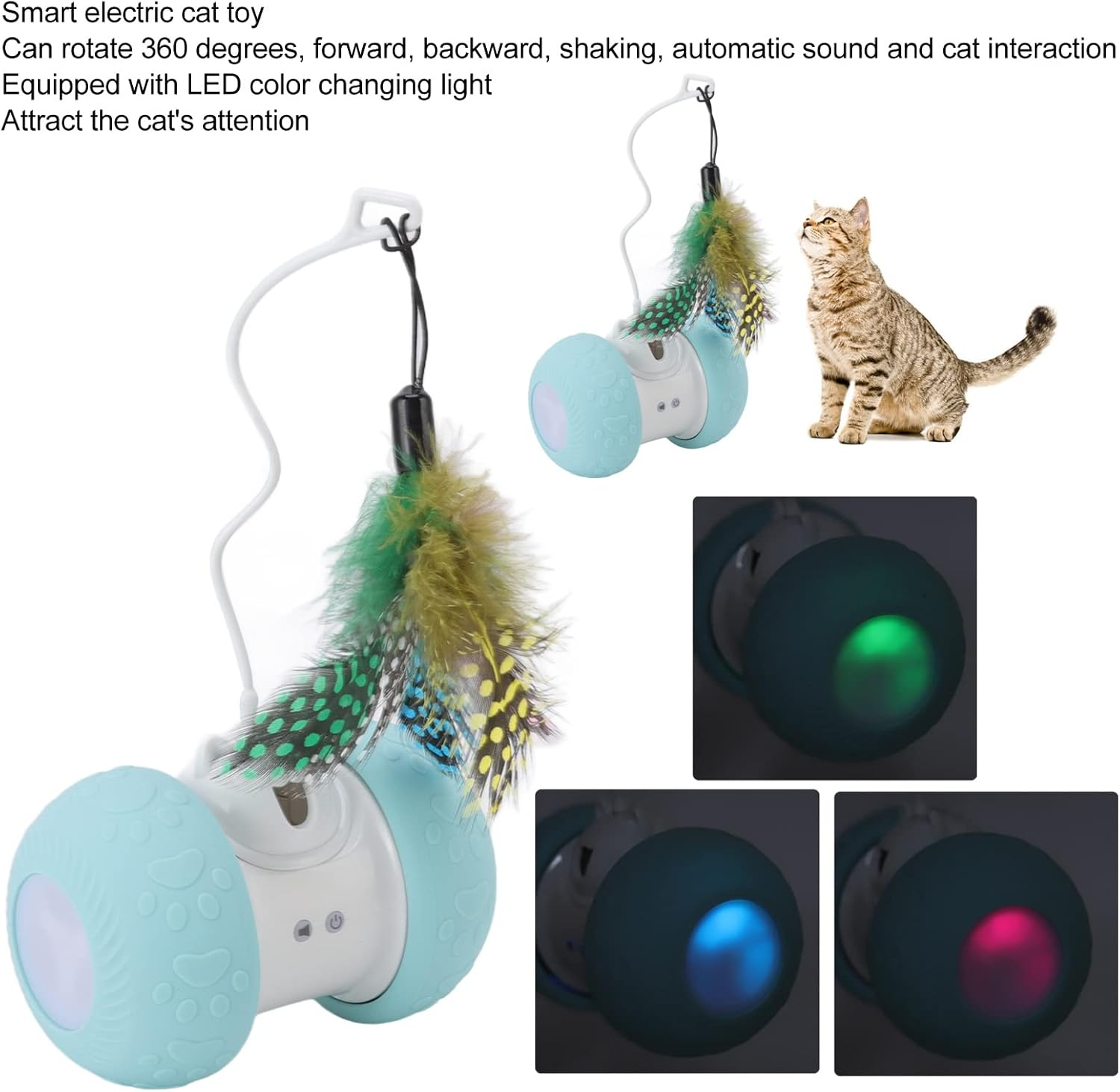 Interactive Cat Toys, Electric Squeaky Rolling Ball USB Rechargeable Smart Automatic Kitten Toys with LED Lighting, Automatic Moving Cat Ball Toys with Feathers for Indoor Cats image number 1