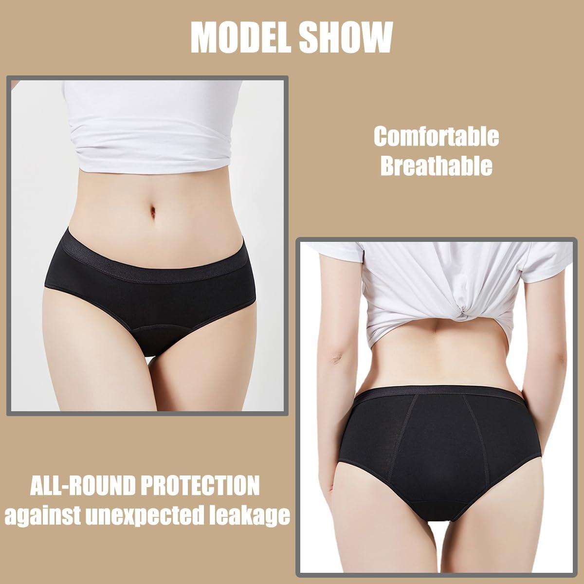 Lohhbve 5Er-Pack Saugf&auml;hige Periodenh&ouml;schen Mit Starkem Durchfluss F&uuml;r Frauen, Mittlere Bis Hohe Taille, Auslaufsichere Menstruationsh&ouml;schen, Postpartum-Slip-Unterw&auml;sche image number 4